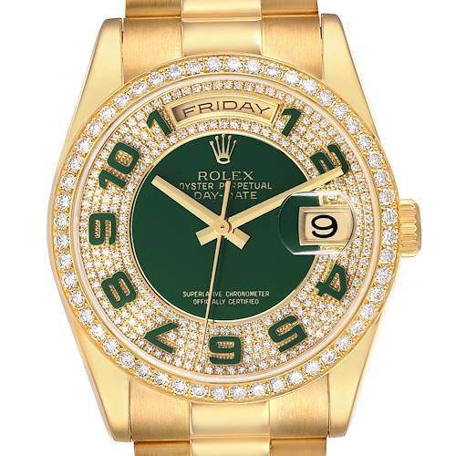 The Rolex President 118348 Men's Yellow Gold Green Dial model is shown from the front, highlighting its green dial, diamond bezel, day-date display, and gold bracelet.
