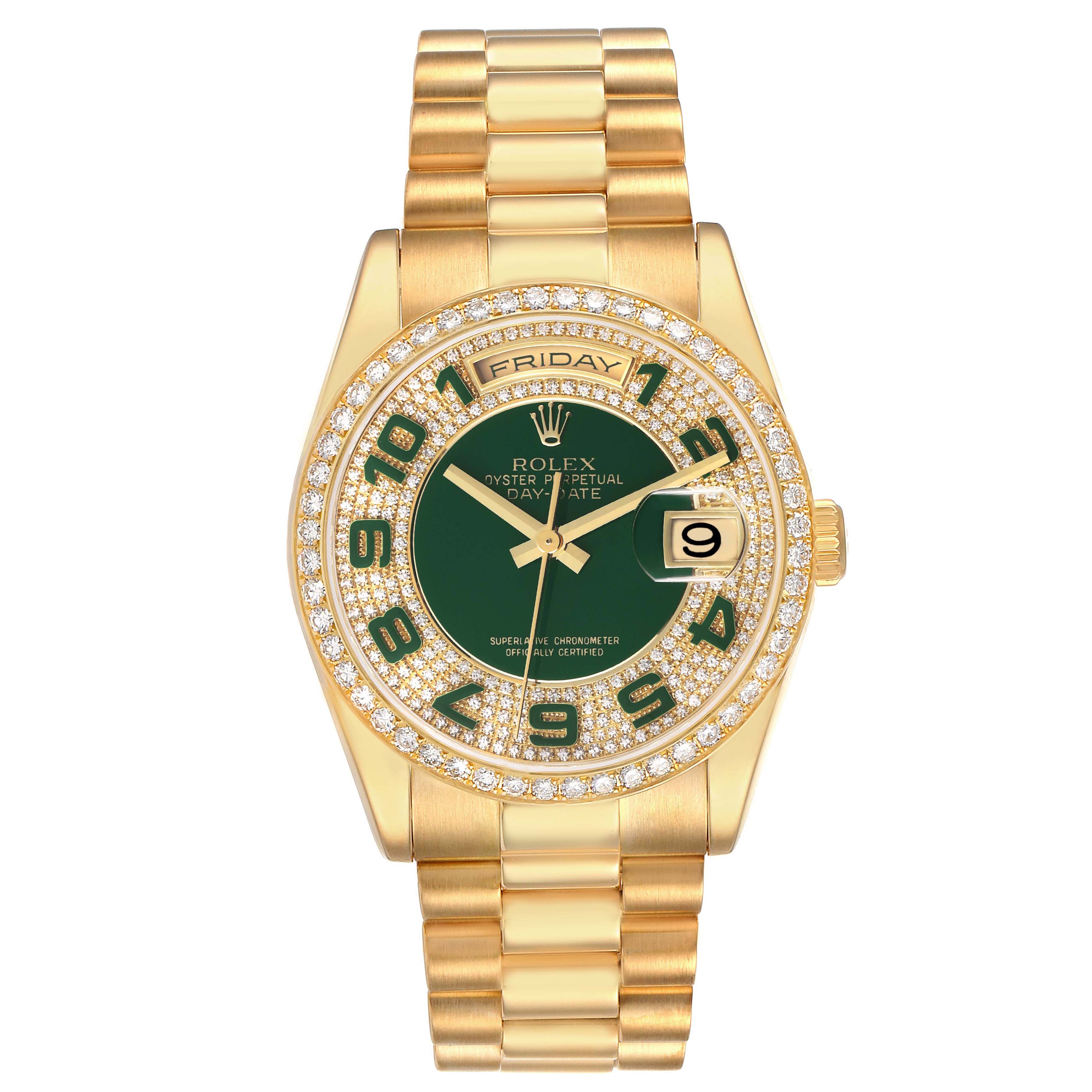 The Rolex President 118348 Men's Yellow Gold Green Dial model watch is shown from a front angle, displaying the green dial, diamond bezel, and bracelet.