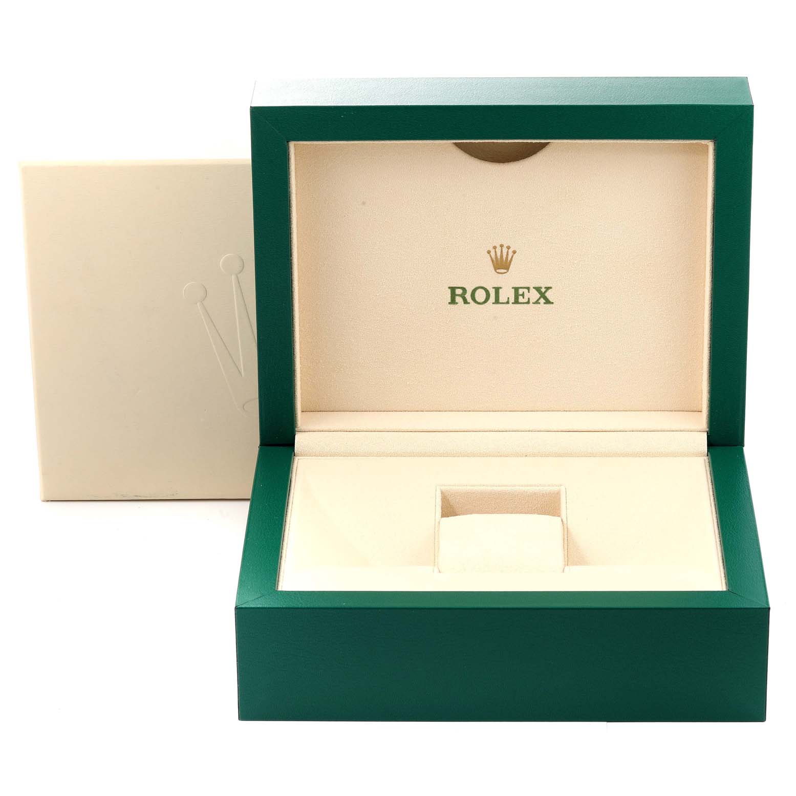 The image shows a Rolex President 118348 Men's Yellow Gold Green Dial model watch box, open from the front, revealing its interior cushioning and branding.