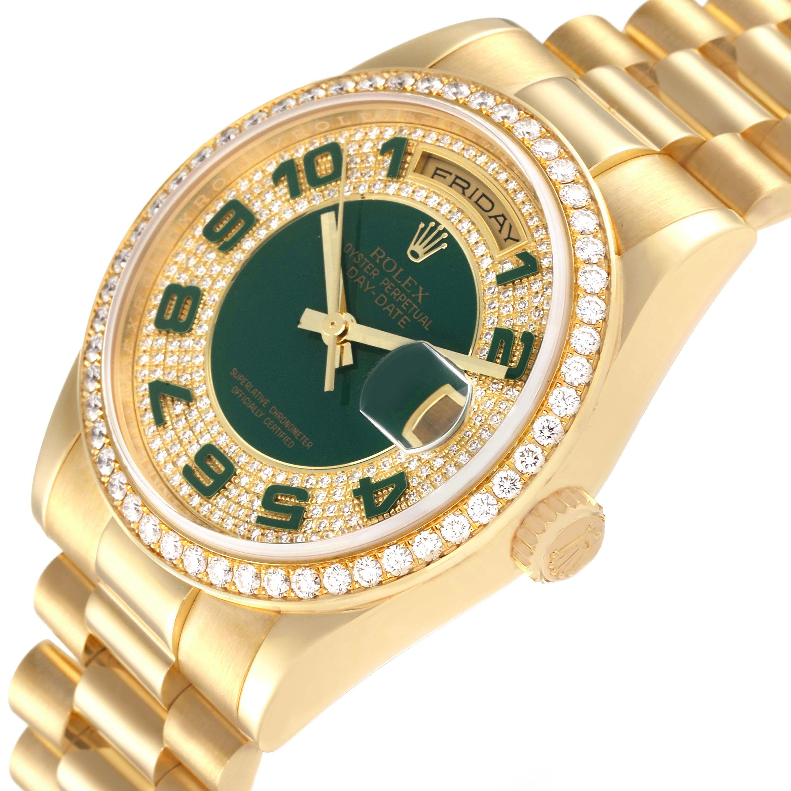 The Rolex President 118348 Men's Yellow Gold Green Dial model is shown at an angled view, highlighting the diamond bezel, green dial, and gold bracelet.