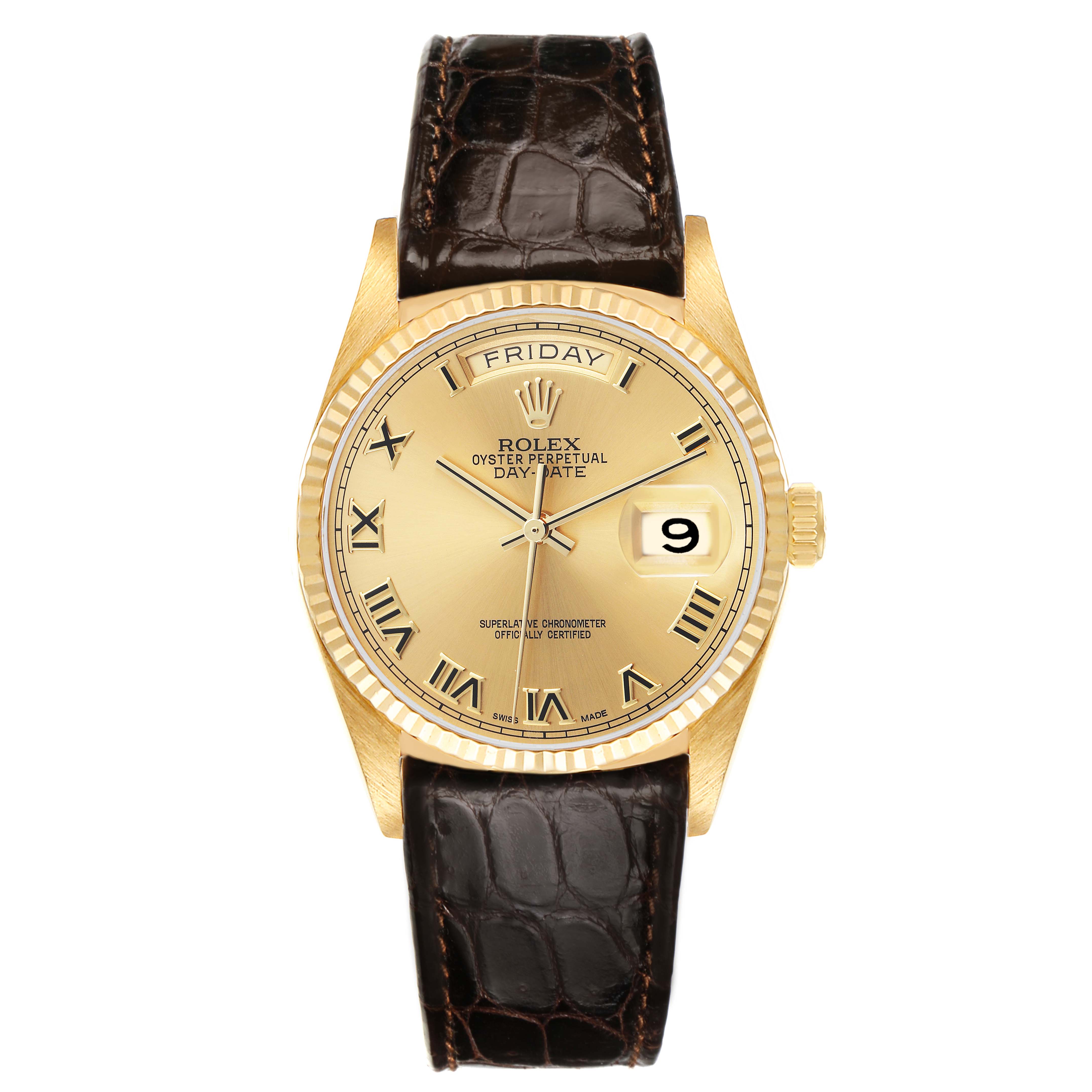 The Rolex President 18038 Men's Yellow Gold Champagne Dial 18038 Men's Yellow Gold Champagne Dial model is shown from the front, highlighting the gold dial, Roman numerals, and day-date feature, with a leather strap.