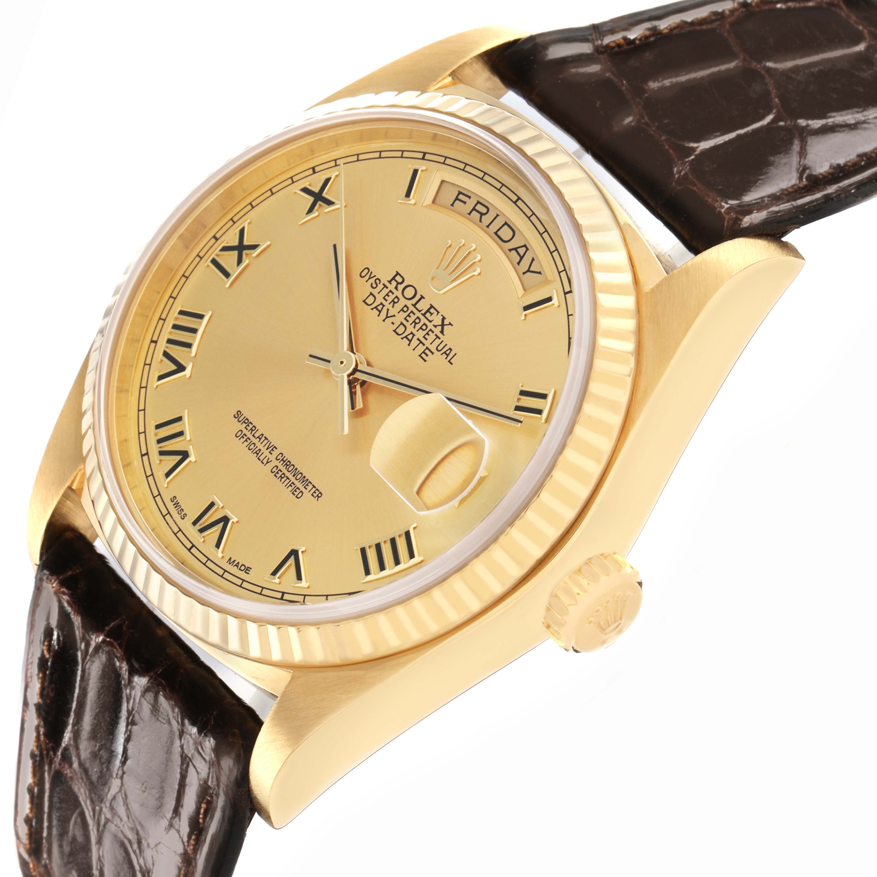 The Rolex President 18038 Men's Yellow Gold Champagne Dial 18038 Men's Yellow Gold Champagne Dial model watch is shown at an angle displaying the dial, bezel, crown, and a portion of the leather strap.