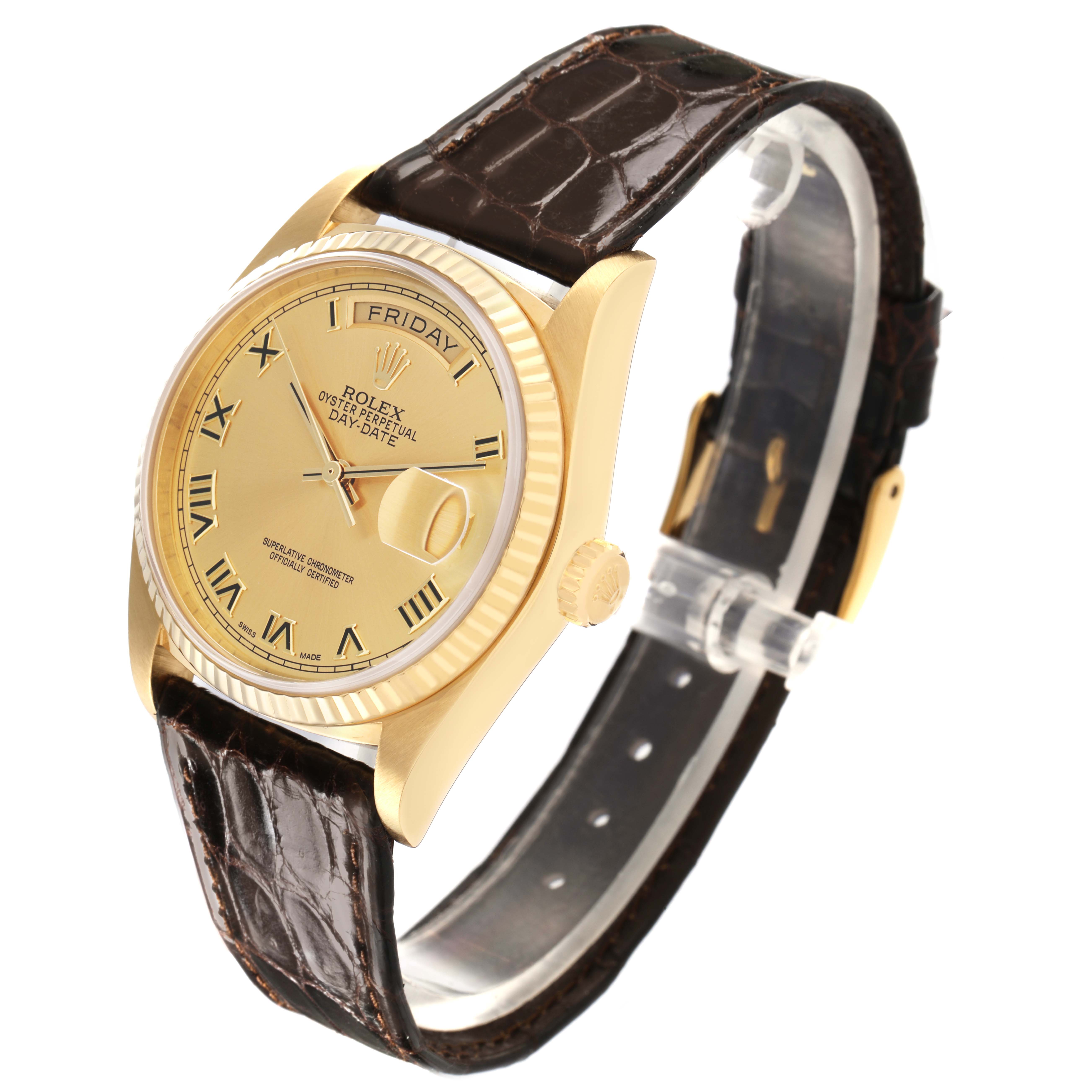 The Rolex President 18038 Men's Yellow Gold Champagne Dial 18038 Men's Yellow Gold Champagne Dial watch is shown at a three-quarter angle, displaying the face, bezel, brown leather strap, and crown.