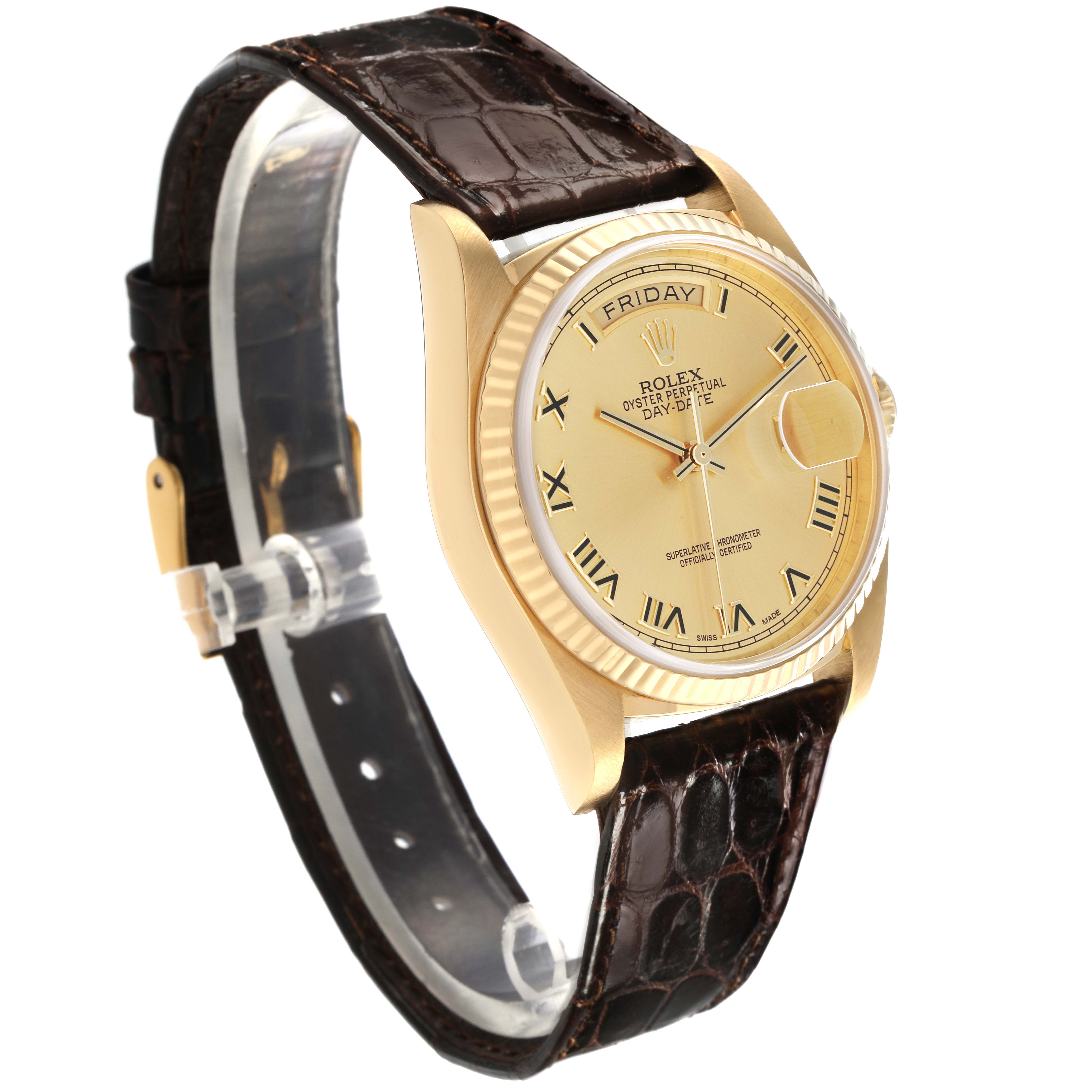 The Rolex President 18038 Men's Yellow Gold Champagne Dial 18038 Men's Yellow Gold Champagne Dial watch is shown at a three-quarter angle, featuring the dial, case, and leather strap.