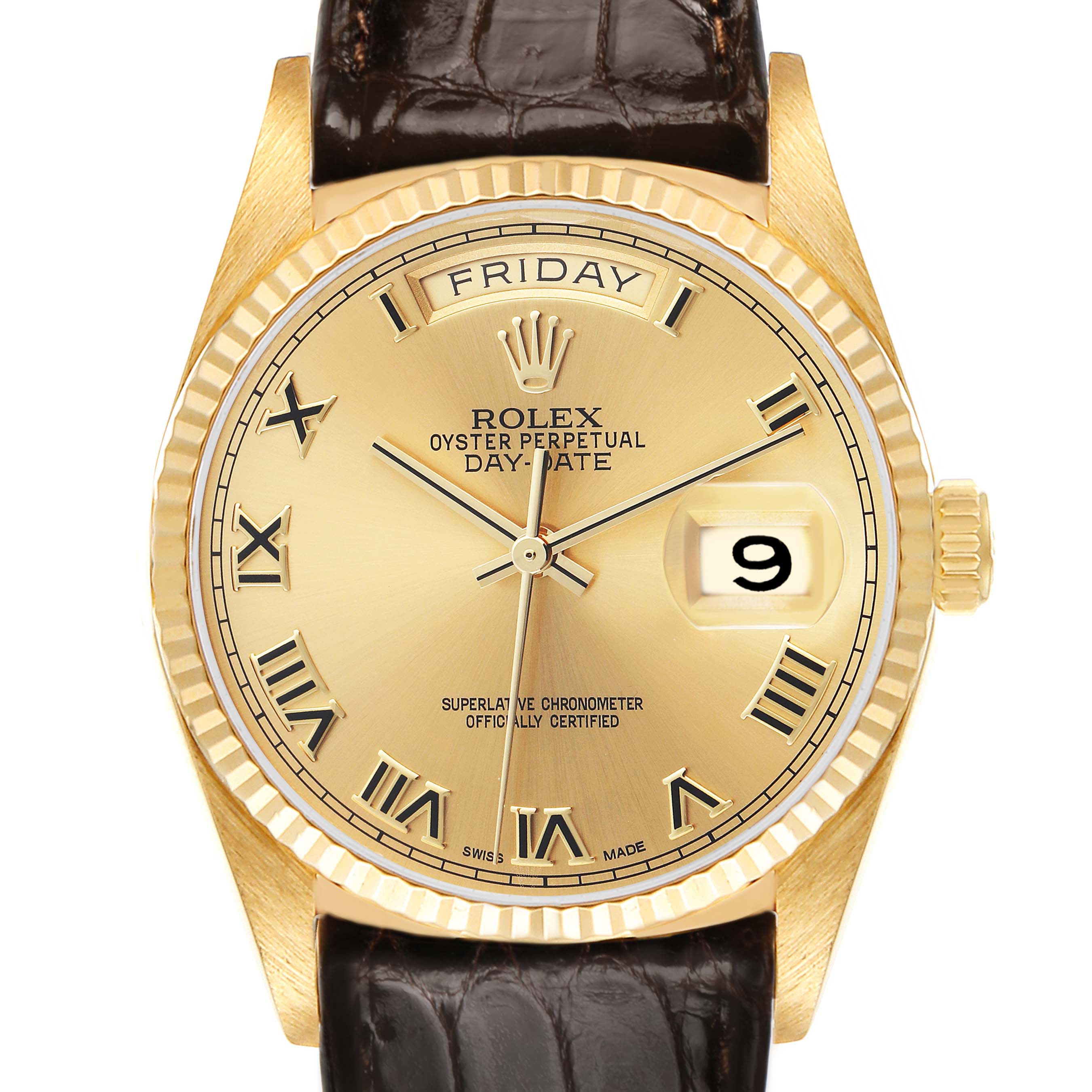The Rolex President 18038 Men's Yellow Gold Champagne Dial 18038 Men's Yellow Gold Champagne Dial watch is shown from a front angle, highlighting the gold dial, Roman numerals, day, and date features.