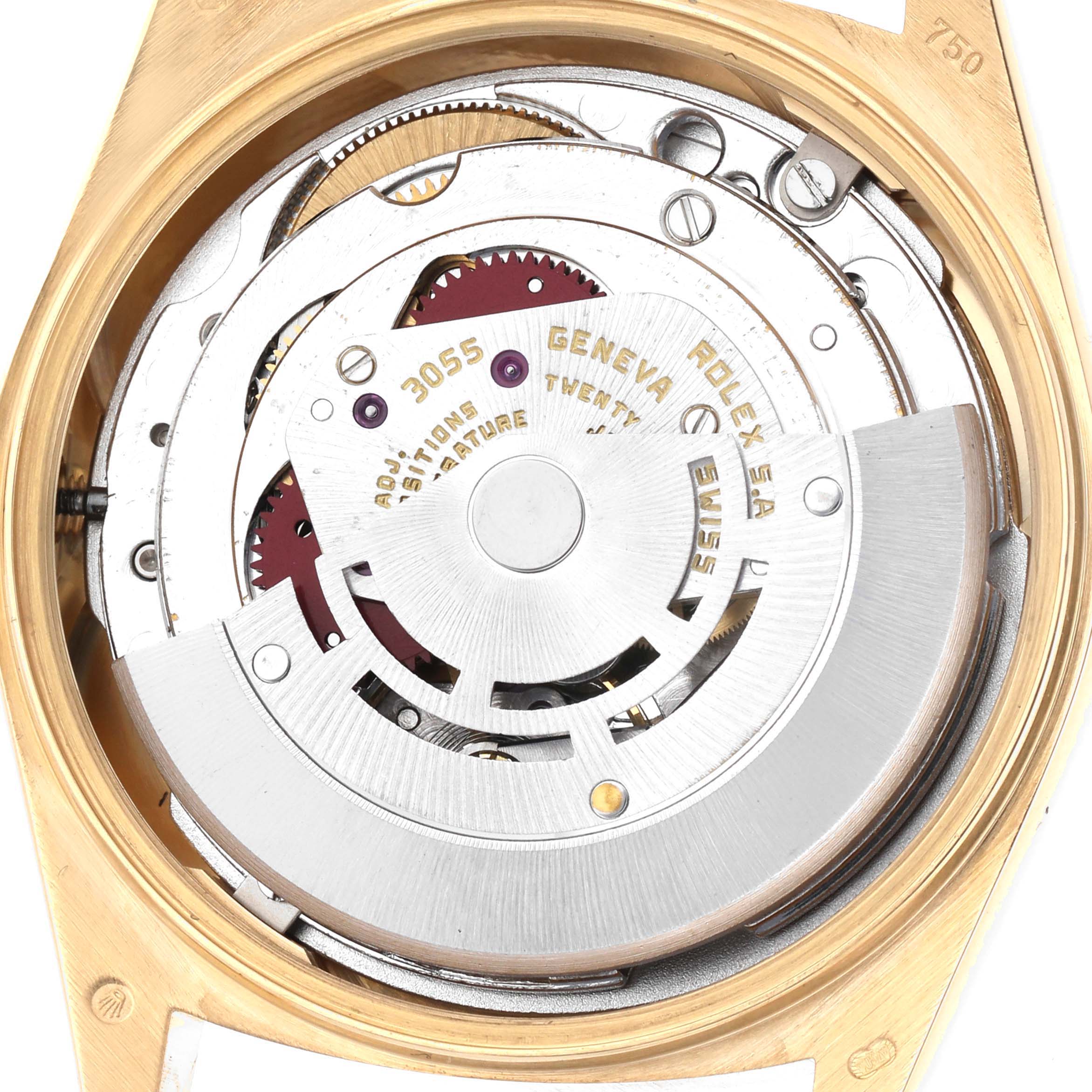 The image shows the movement mechanism of a Rolex President 18038 Men's Yellow Gold Champagne Dial 18038 Men's Yellow Gold Champagne Dial watch from a top-down angle.