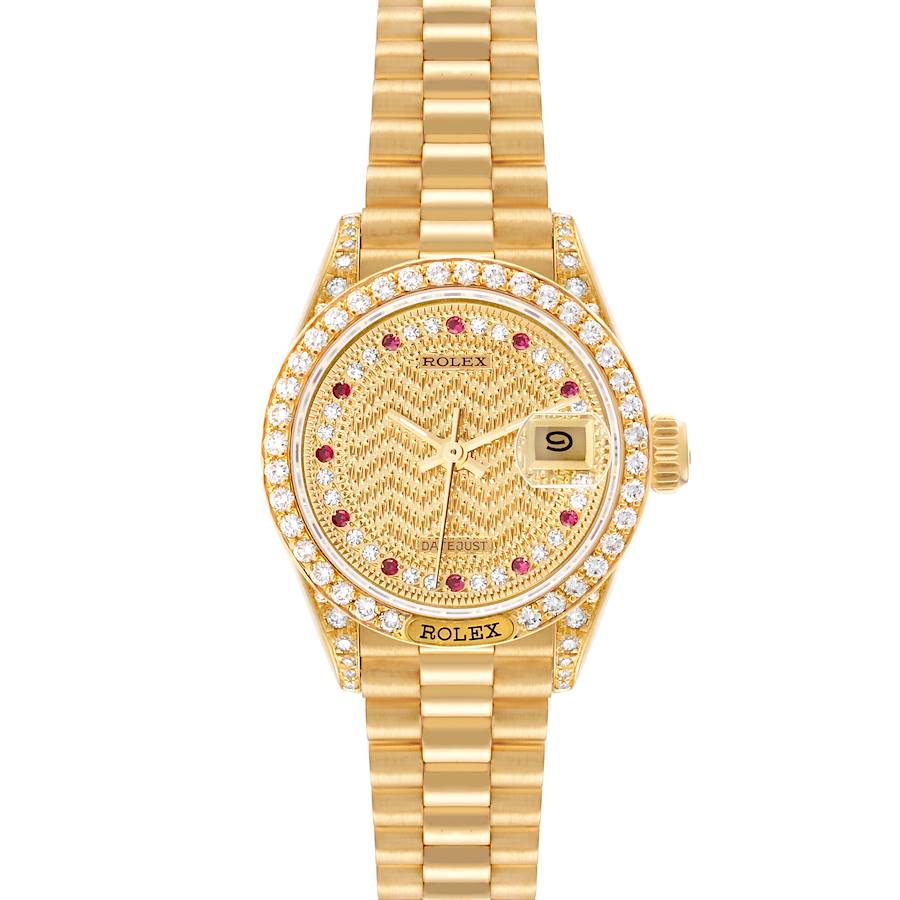 Rolex President Yellow Gold Diamond Ruby String Dial Watch 69158 Box Papers SwissWatchExpo