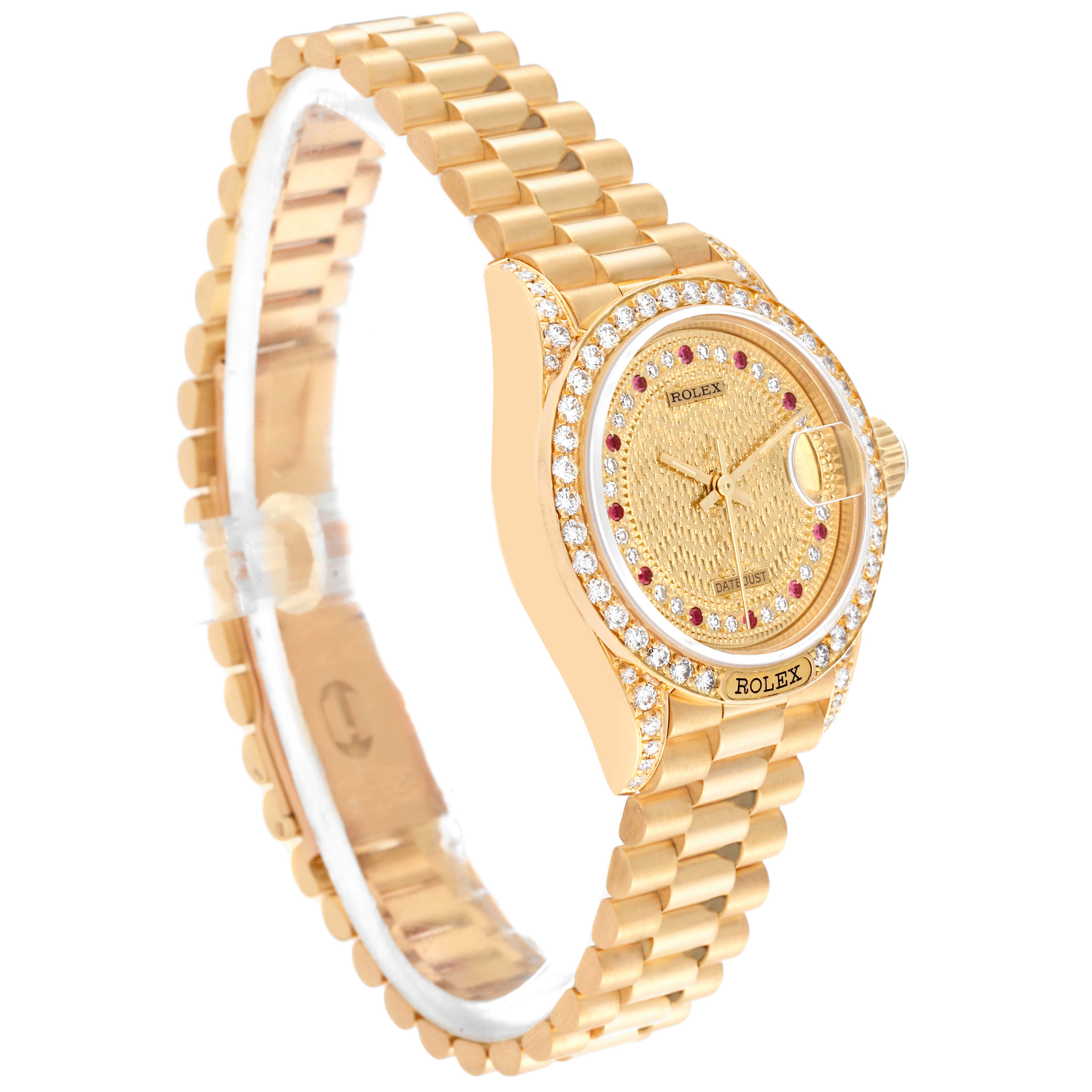 The Rolex President 69158 Women's Yellow Gold Champagne Dial 69158 Women's Yellow Gold Champagne Dial model watch is shown at a slight angle, highlighting its face, bezel, and bracelet.