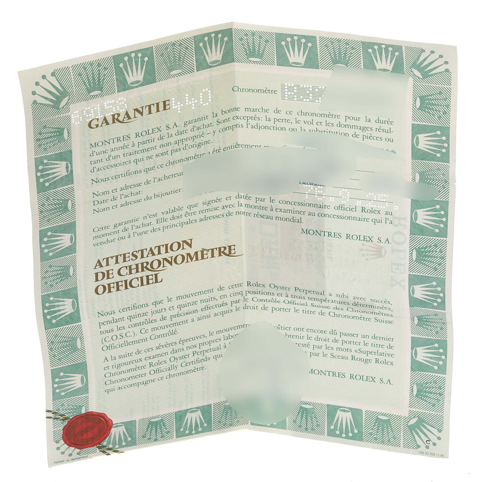 The image shows a folded warranty and certification paper for the Rolex President 69158 Women's Yellow Gold Champagne Dial 69158 Women's Yellow Gold Champagne Dial model.