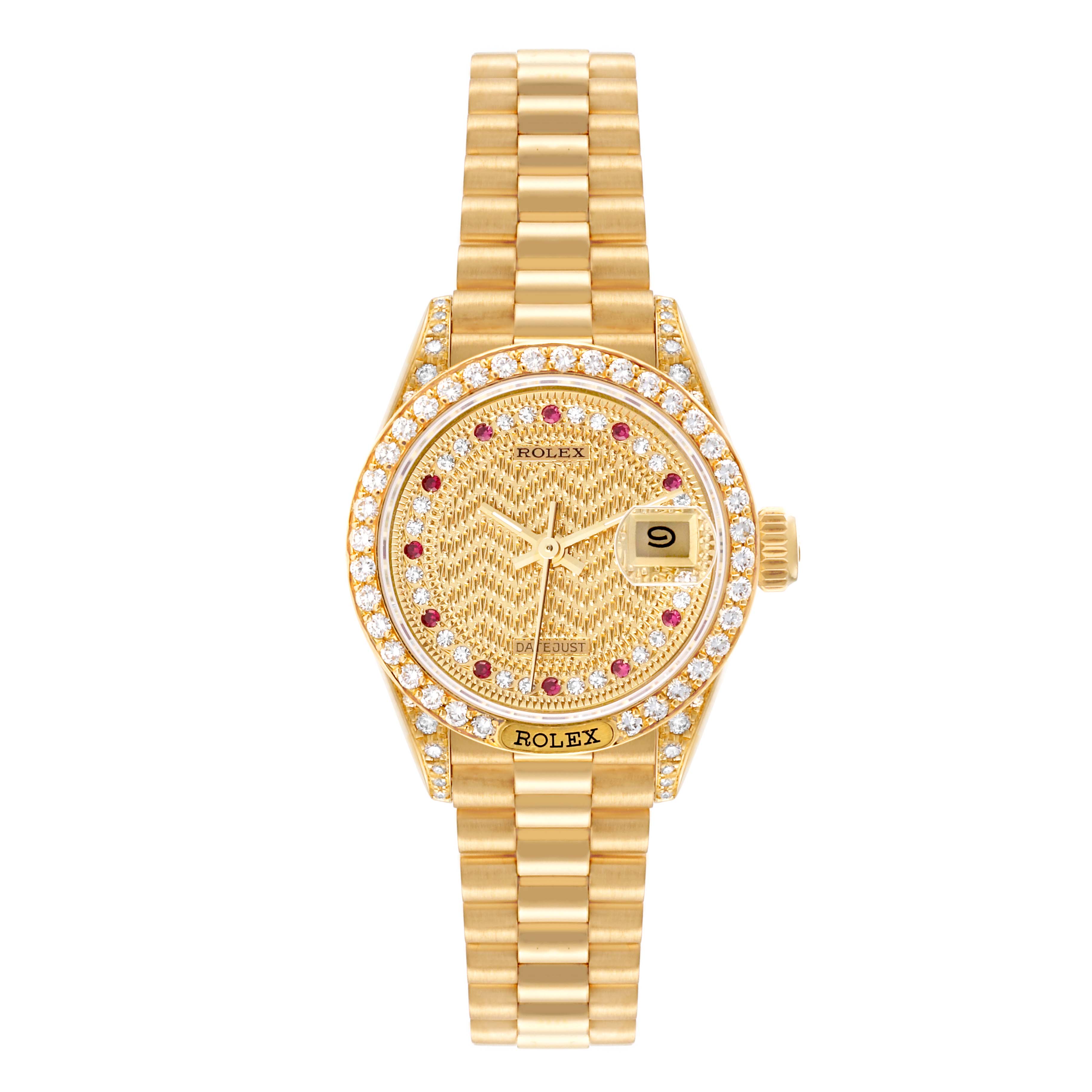 This image shows a front view of the Rolex President 69158 Women's Yellow Gold Champagne Dial 69158 Women's Yellow Gold Champagne Dial model watch, displaying the dial, bezel, bracelet, and date window.