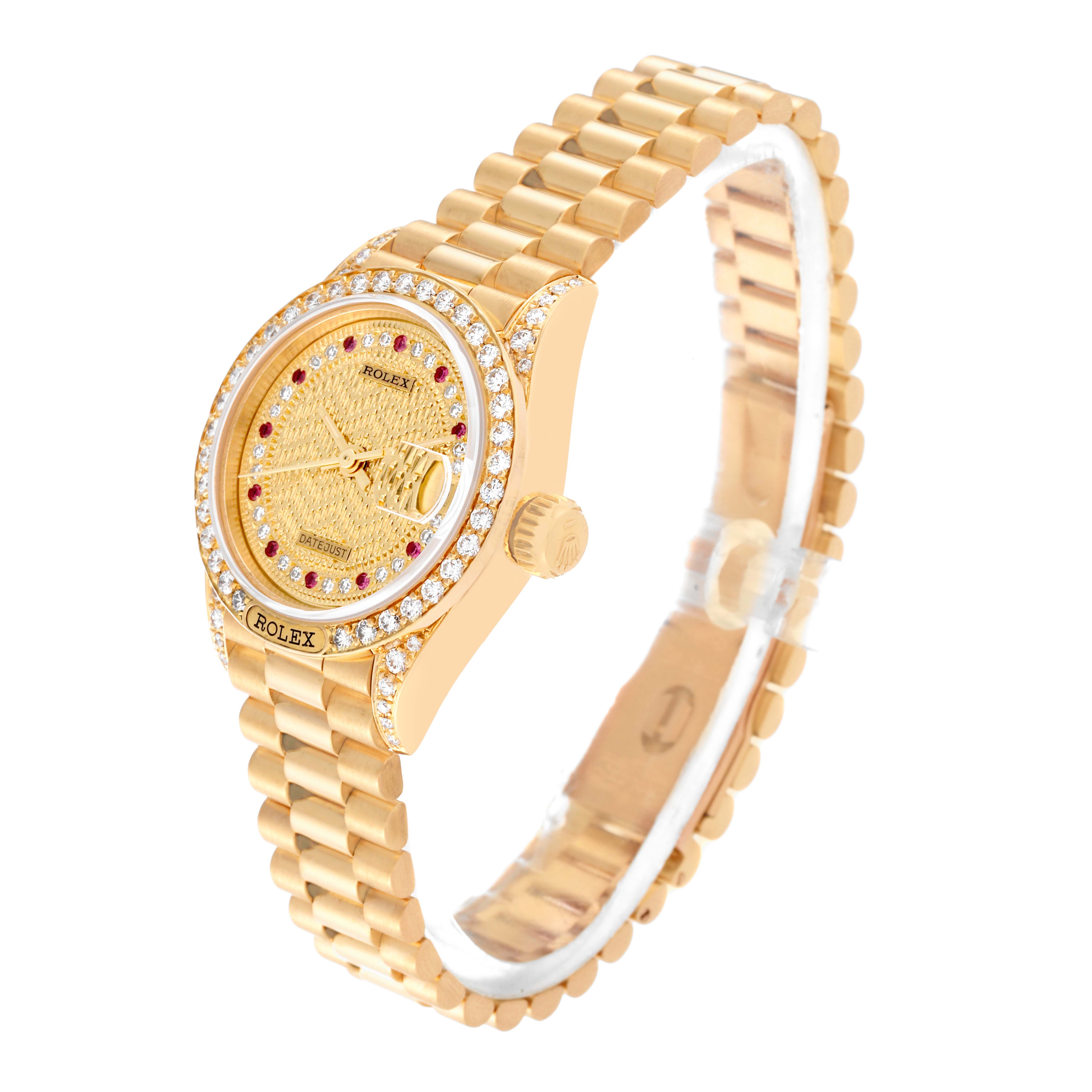 The image shows a Rolex President 69158 Women's Yellow Gold Champagne Dial 69158 Women's Yellow Gold Champagne Dial model watch from a slight side angle, highlighting the band, case, dial, crown, and bejeweled bezel.