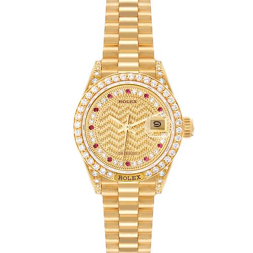 Photo of Rolex President Yellow Gold Diamond Ruby String Dial Watch 69158 Box Papers