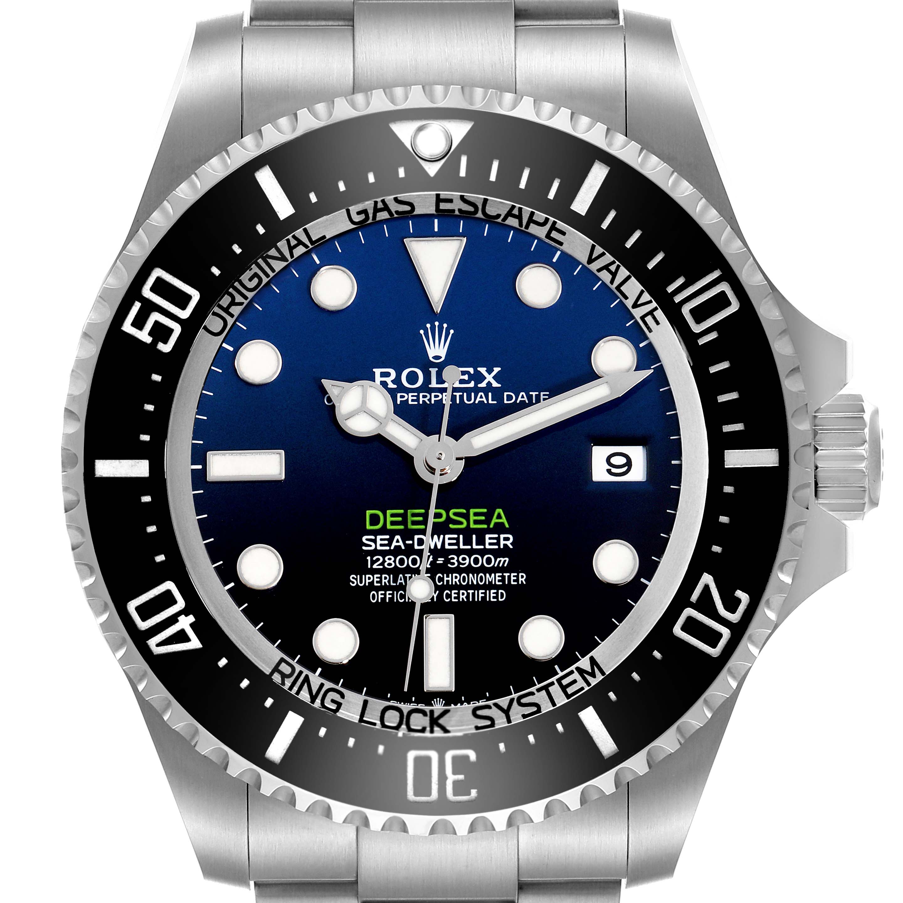 The Rolex Sea-Dweller 136660 Men's Stainless Steel Blue Dial 136660 Men's Stainless Steel Blue Dial watch is shown from the front, displaying its face, bezel, and part of the bracelet.