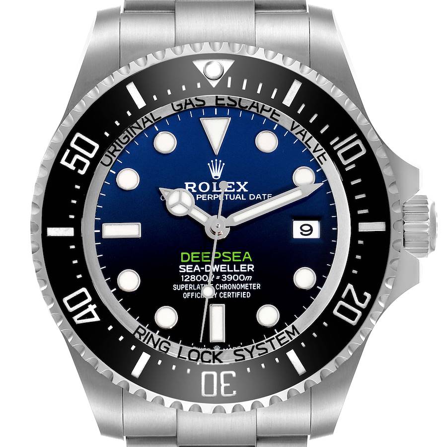 The Rolex Sea-Dweller watch is shown from the front, displaying its face, bezel, and part of the bracelet.