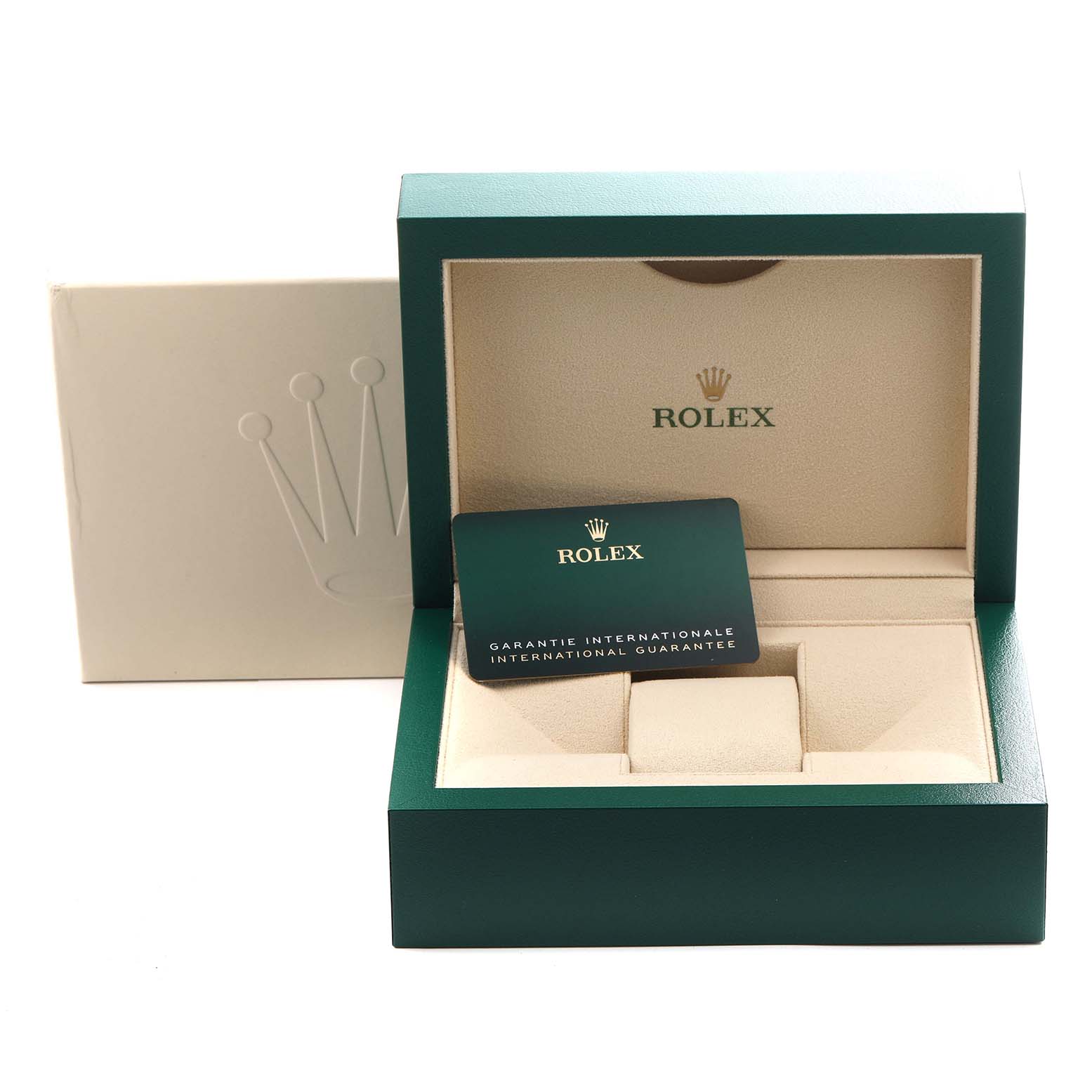 The image shows the packaging for the Rolex Sea-Dweller 136660 Men's Stainless Steel Blue Dial 136660 Men's Stainless Steel Blue Dial watch, including a green box and an international guarantee card.