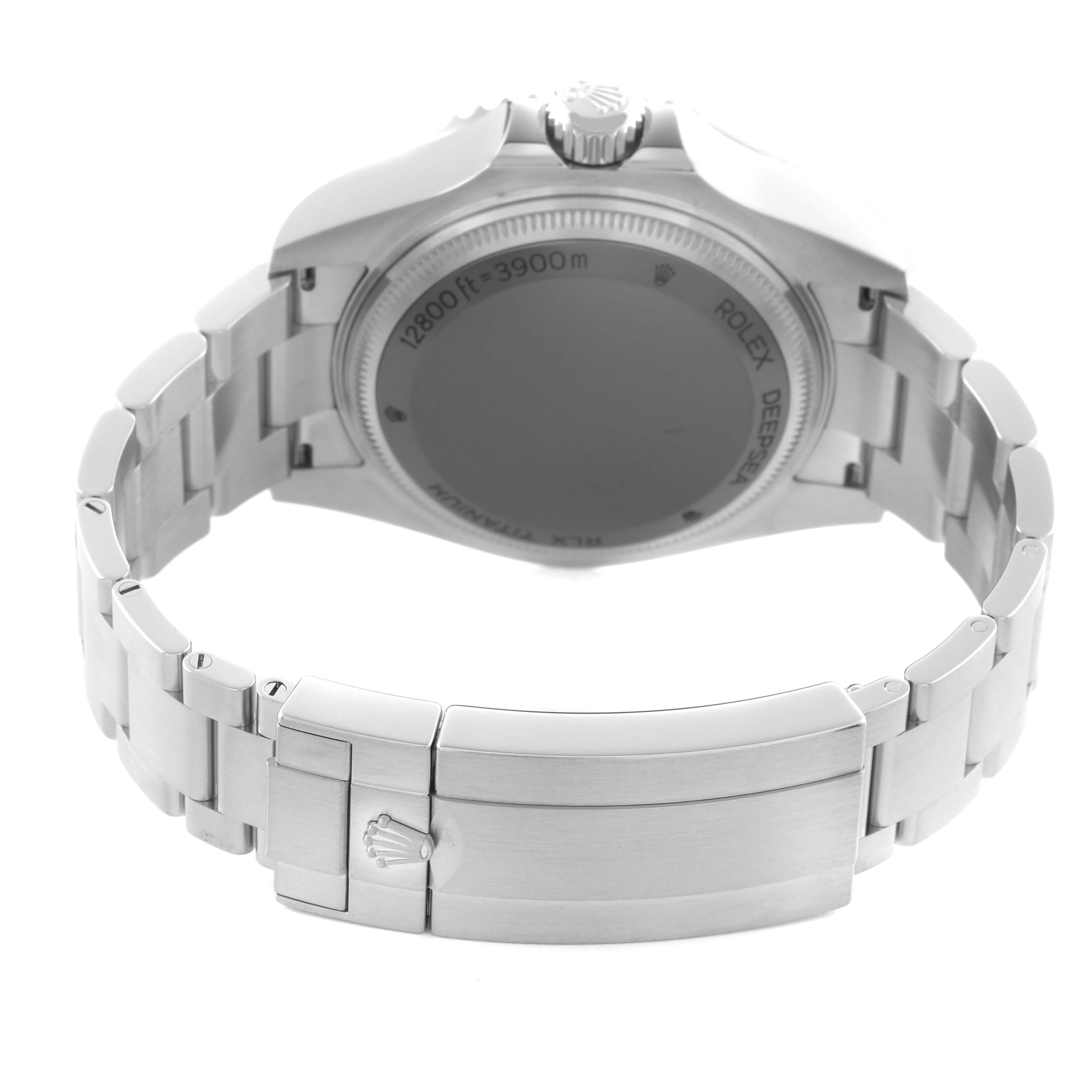 The image shows the back view of the Rolex Sea-Dweller 136660 Men's Stainless Steel Blue Dial 136660 Men's Stainless Steel Blue Dial, highlighting the case back, crown, and bracelet clasp.