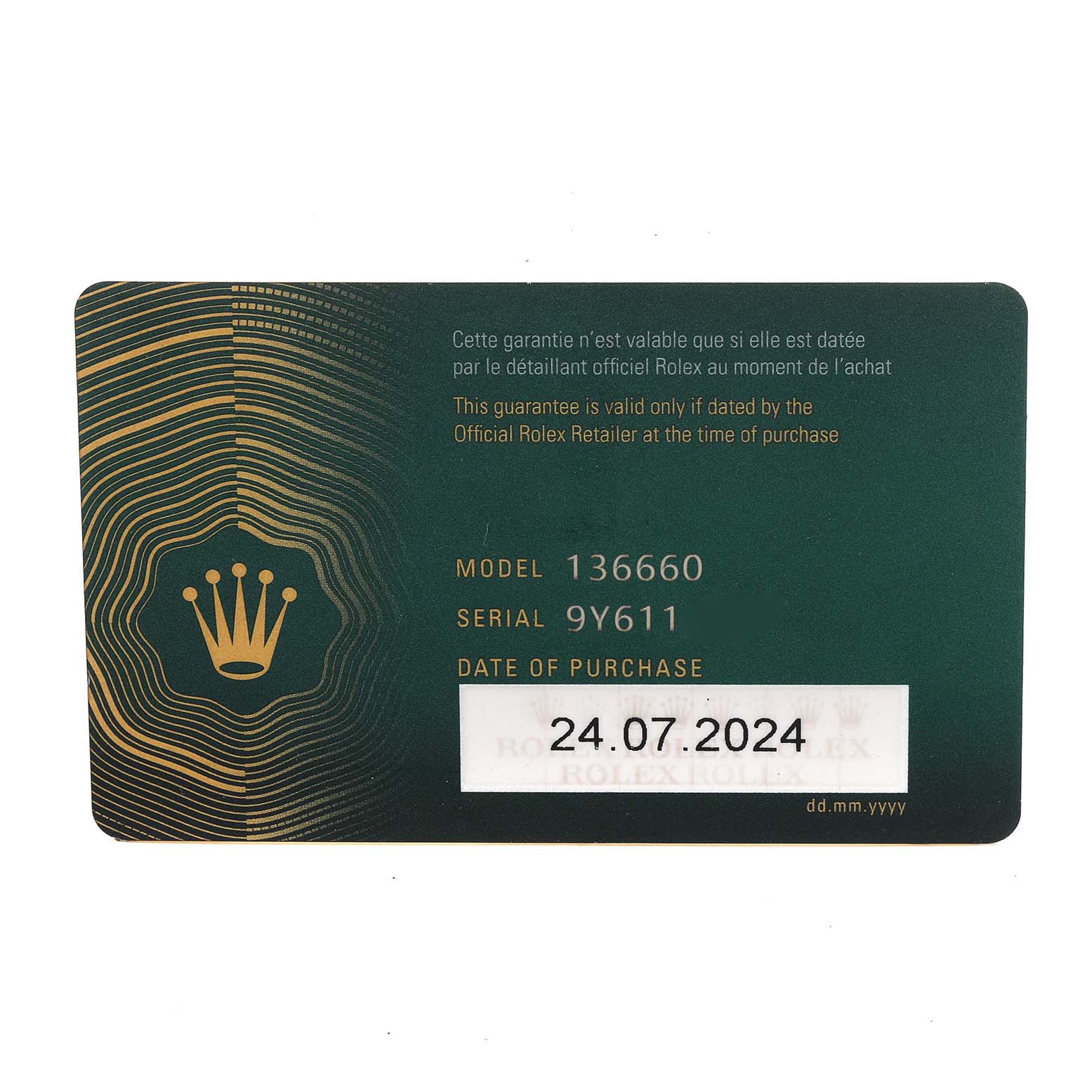 The image shows a warranty card for the Rolex Sea-Dweller 136660 Men's Stainless Steel Blue Dial 136660 Men's Stainless Steel Blue Dial model 136660.