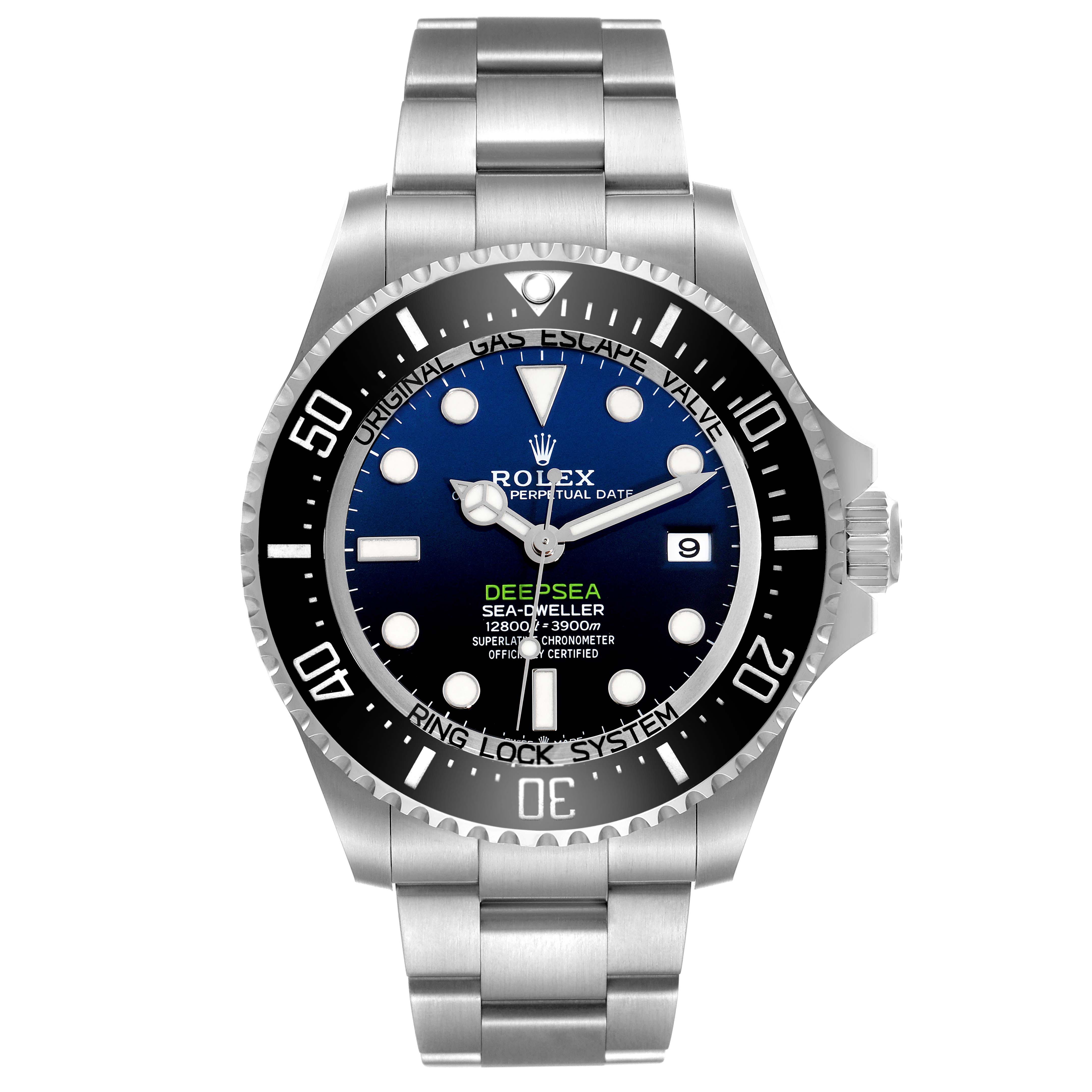 The Rolex Sea-Dweller 136660 Men's Stainless Steel Blue Dial 136660 Men's Stainless Steel Blue Dial watch is shown from the front, highlighting its dial, bezel, and stainless steel bracelet.
