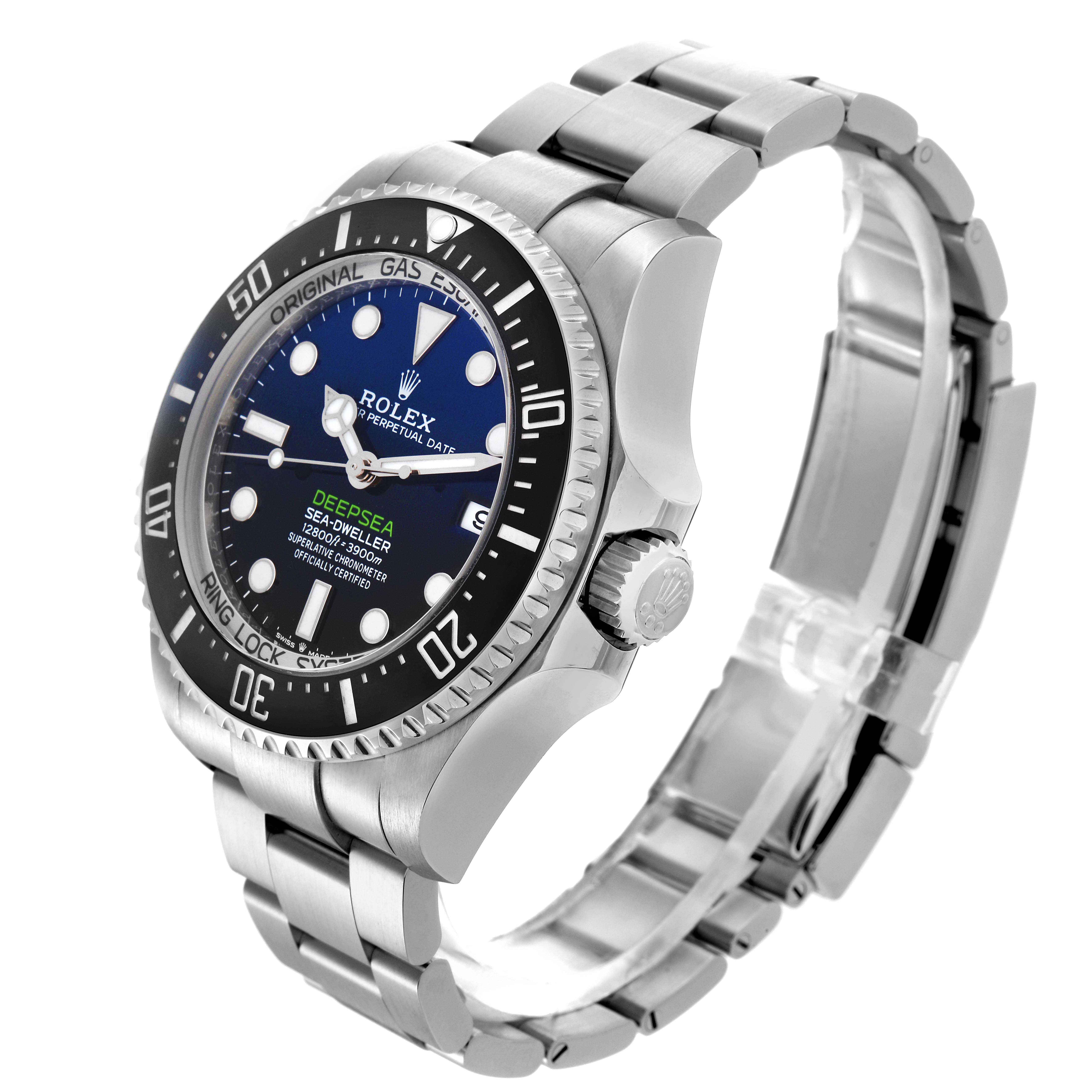 The Rolex Sea-Dweller 136660 Men's Stainless Steel Blue Dial 136660 Men's Stainless Steel Blue Dial watch is shown at a three-quarter angle, highlighting the bezel, dial, crown, and bracelet.