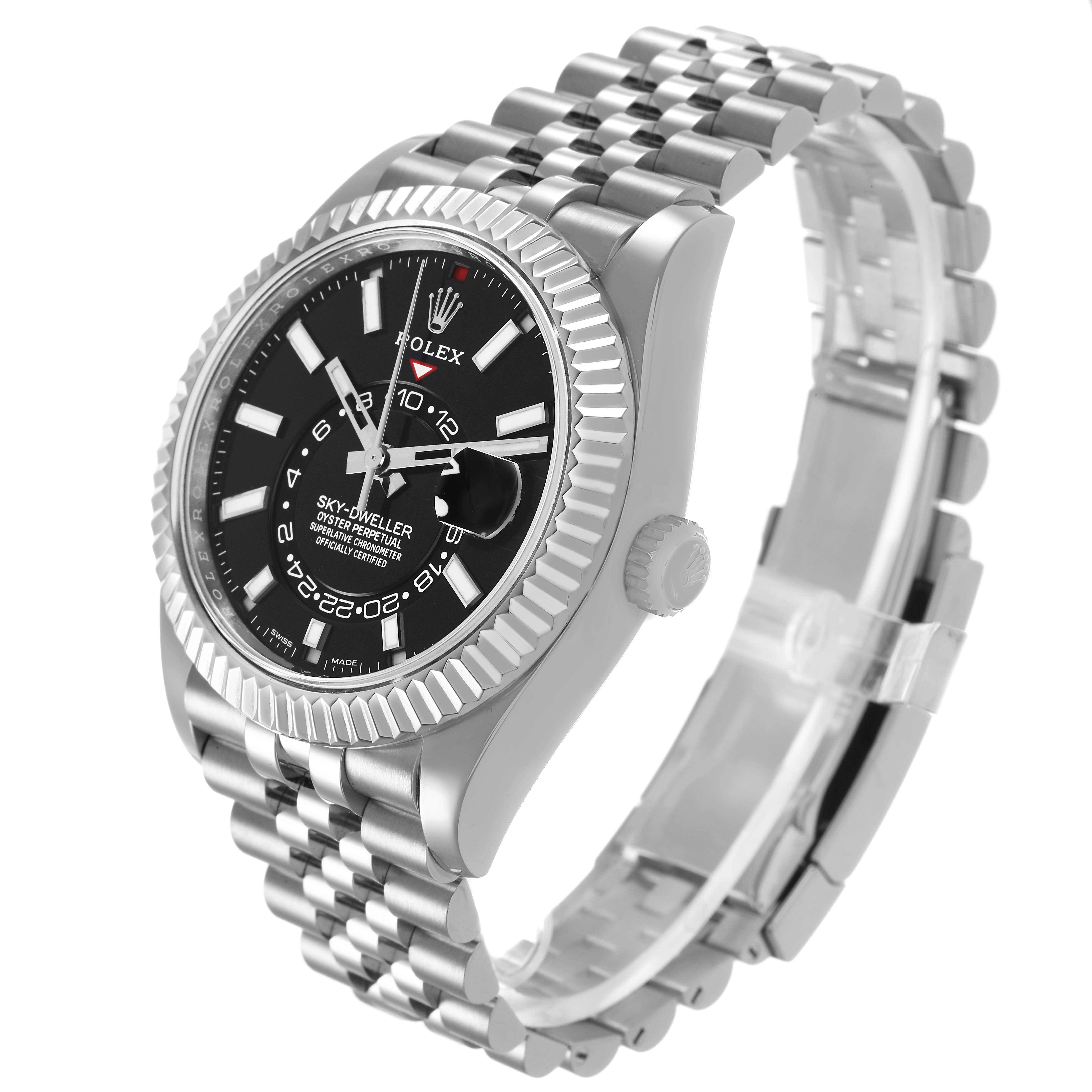 The Rolex Sky-Dweller 326934 Men's Stainless Steel Black Dial watch is shown at a slight angle, highlighting the face, bezel, crown, and bracelet.