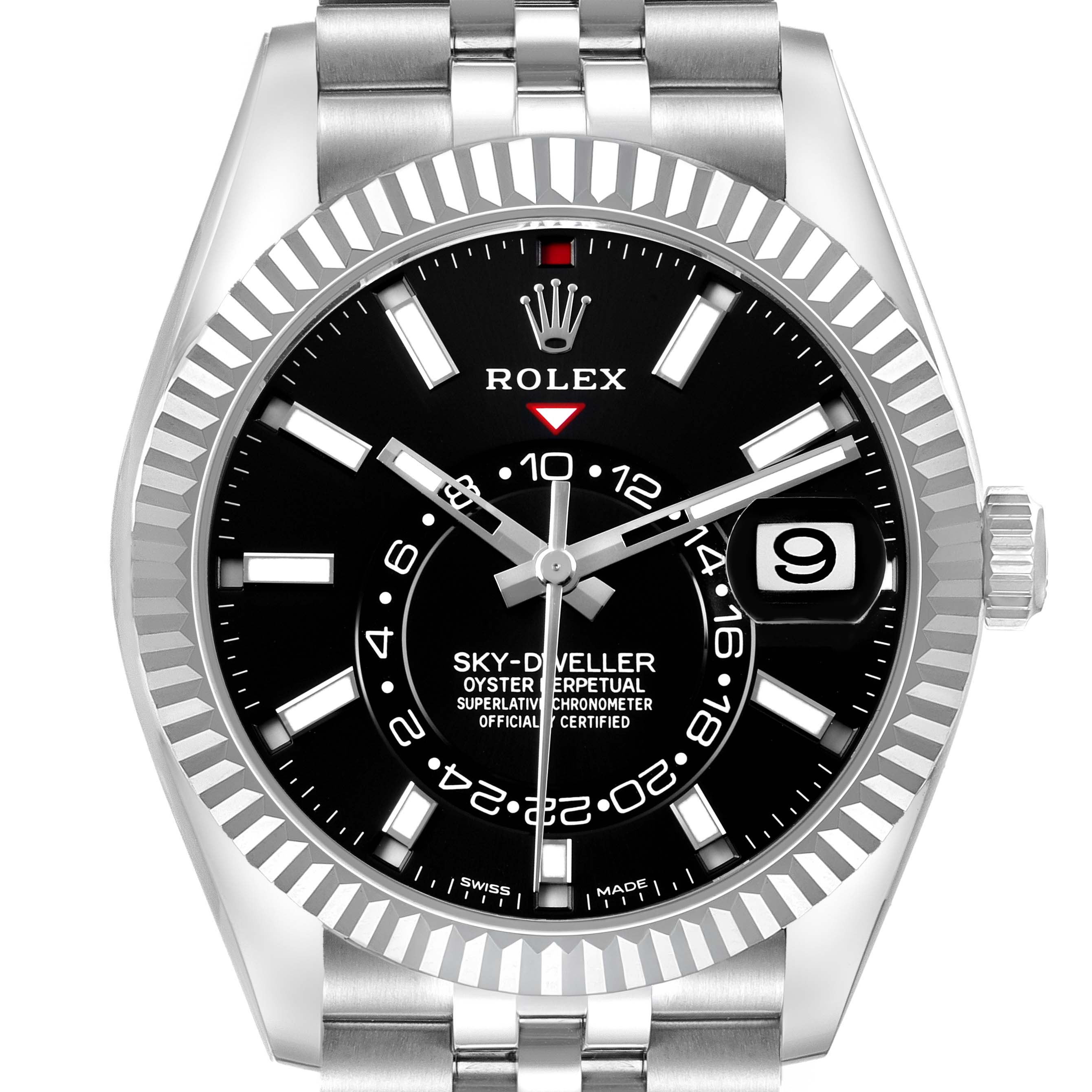 The Rolex Sky-Dweller 326934 Men's Stainless Steel Black Dial watch is shown from a front view, displaying its bezel, dial, hands, and part of the bracelet.
