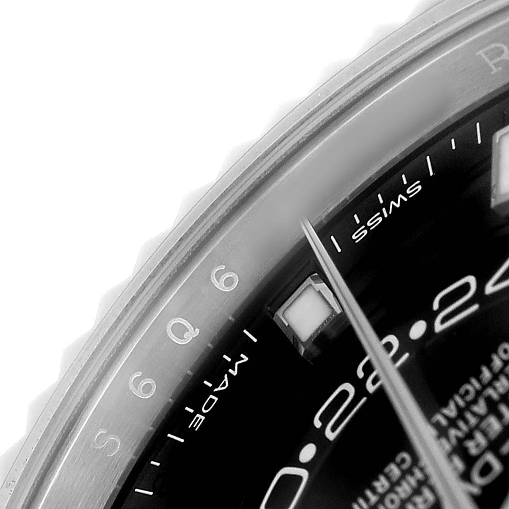 The image shows a close-up of the Rolex Sky-Dweller 326934 Men's Stainless Steel Black Dial's dial, focusing on the edge, markers, and hands.
