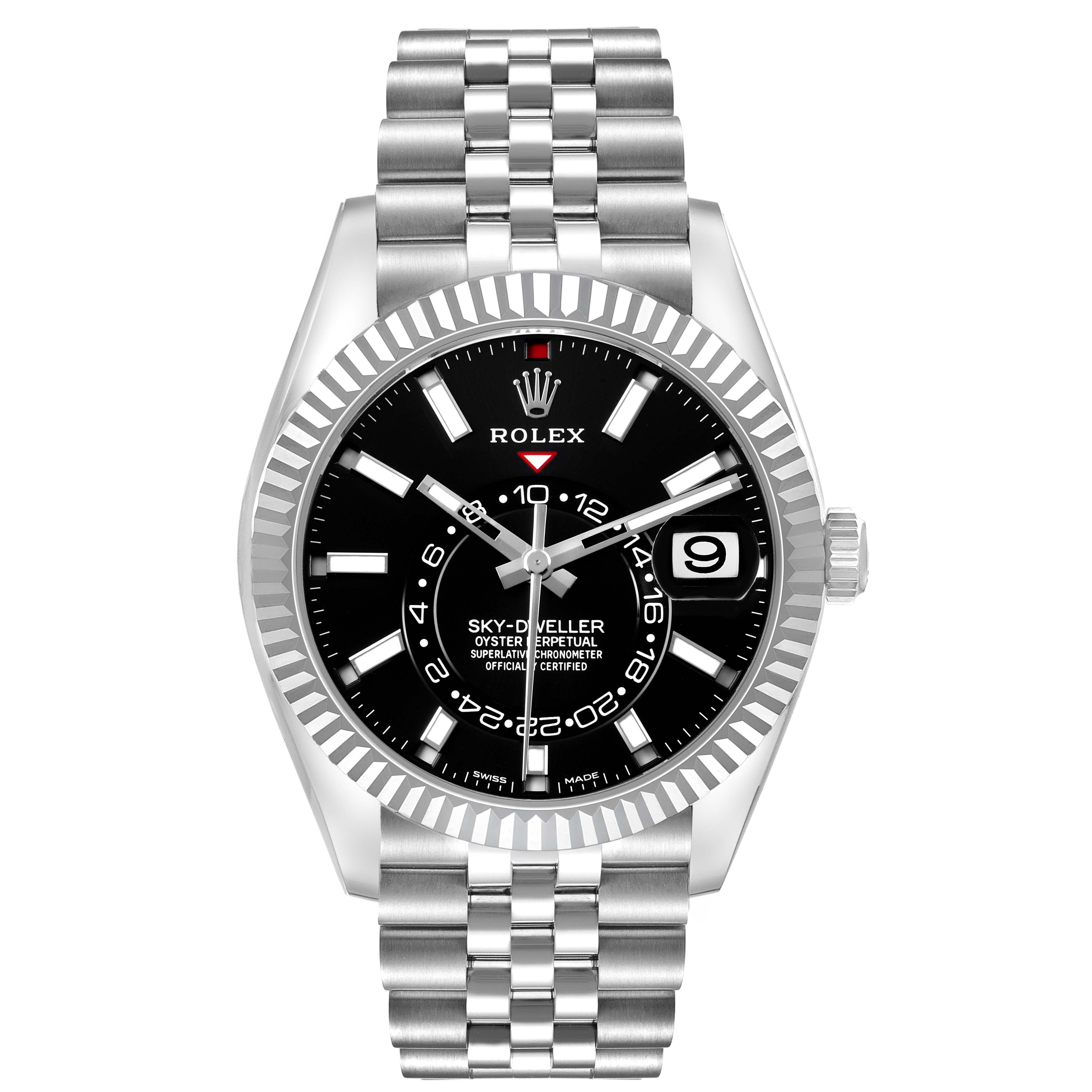 The Rolex Sky-Dweller 326934 Men's Stainless Steel Black Dial watch is shown from a front angle, displaying the dial, bezel, and bracelet.