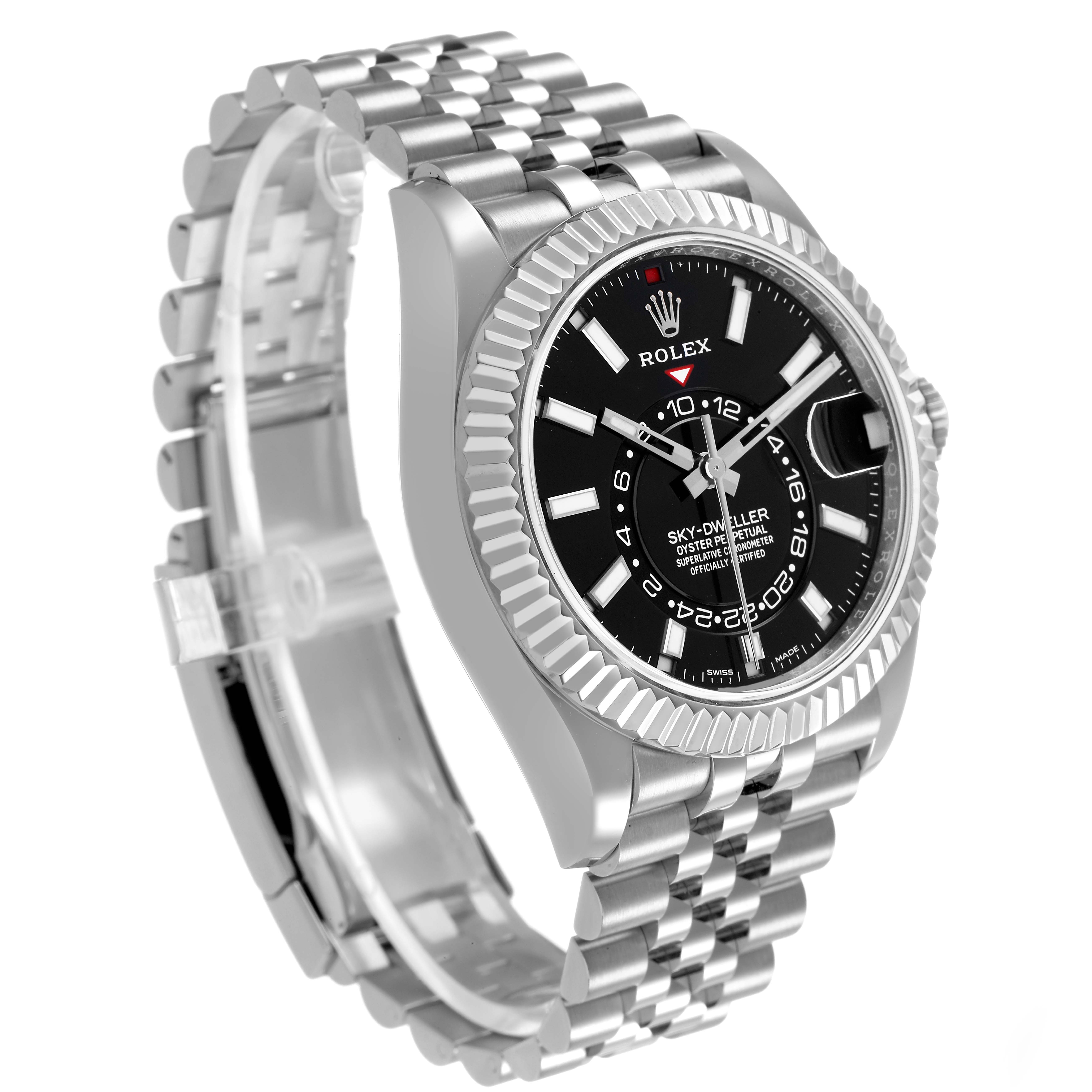 The Rolex Sky-Dweller 326934 Men's Stainless Steel Black Dial is shown angled slightly from the side, highlighting the dial, bezel, and bracelet.
