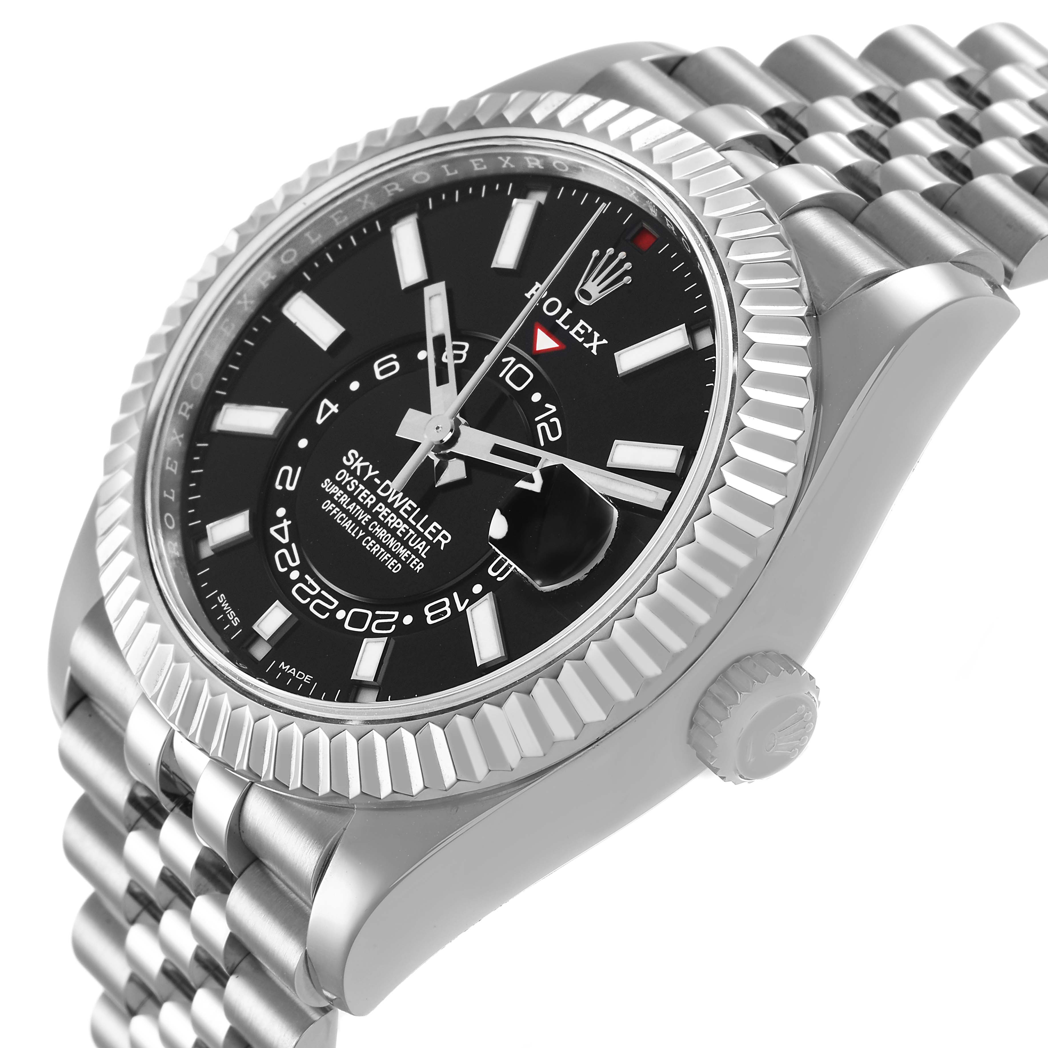 The Rolex Sky-Dweller 326934 Men's Stainless Steel Black Dial watch is shown at an angle highlighting the dial, bezel, and part of the bracelet.