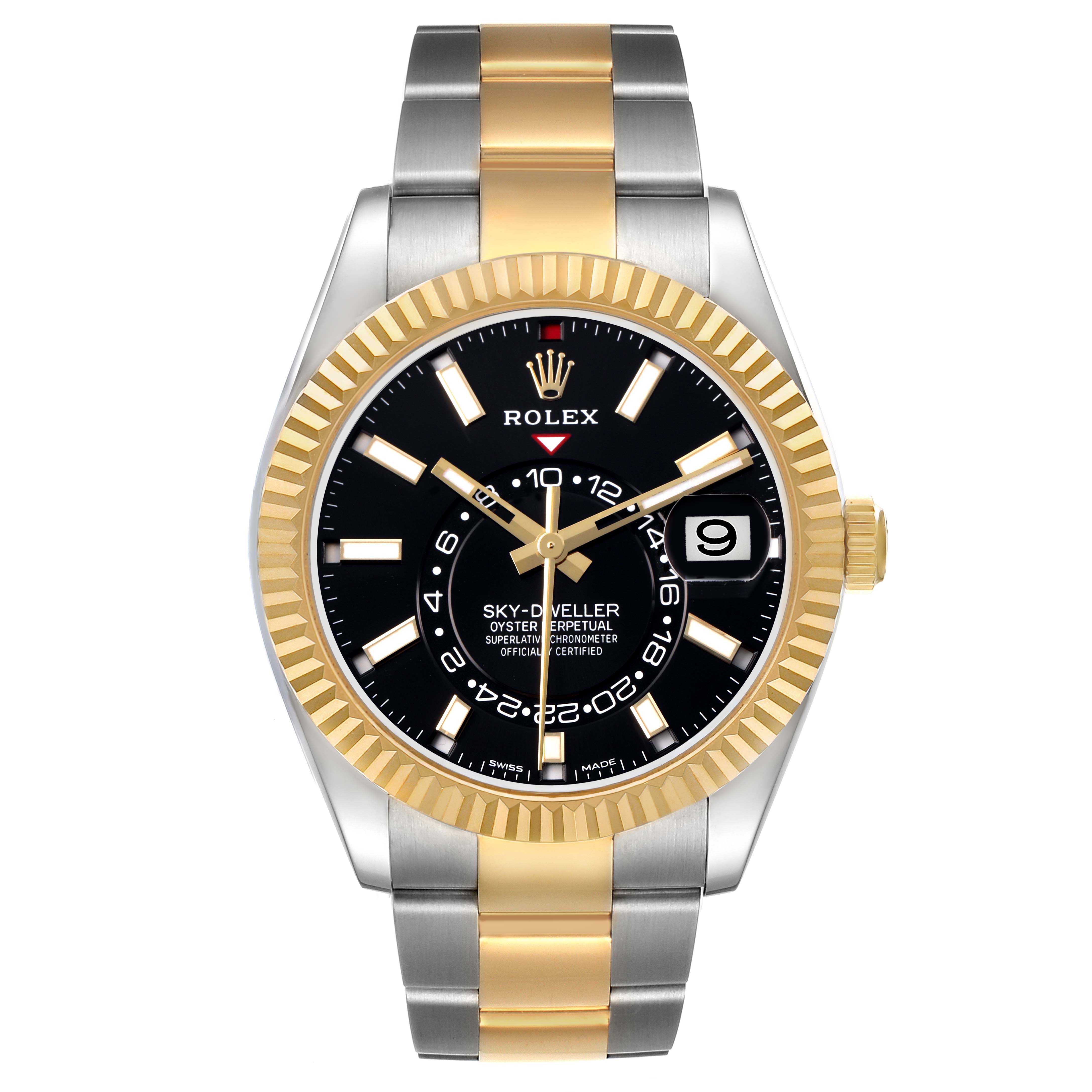 The Rolex Sky-Dweller 326933 Men's Steel and Gold (two tone) Black Dial watch is shown from the front, displaying the face, bezel, and bracelet.