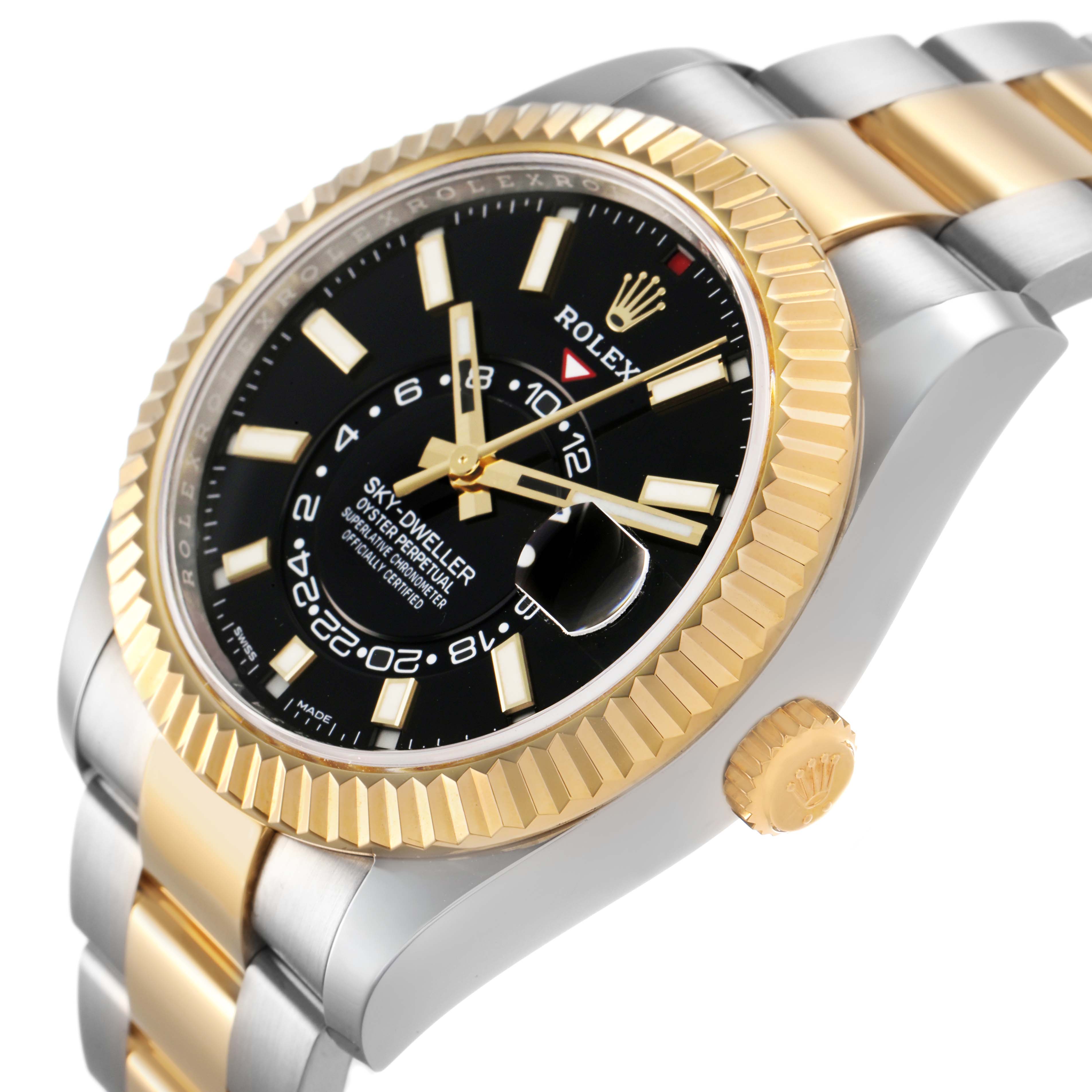 The Rolex Sky-Dweller 326933 Men's Steel and Gold (two tone) Black Dial watch is shown at an angled side view, highlighting its bezel, dial, crown, and bracelet.