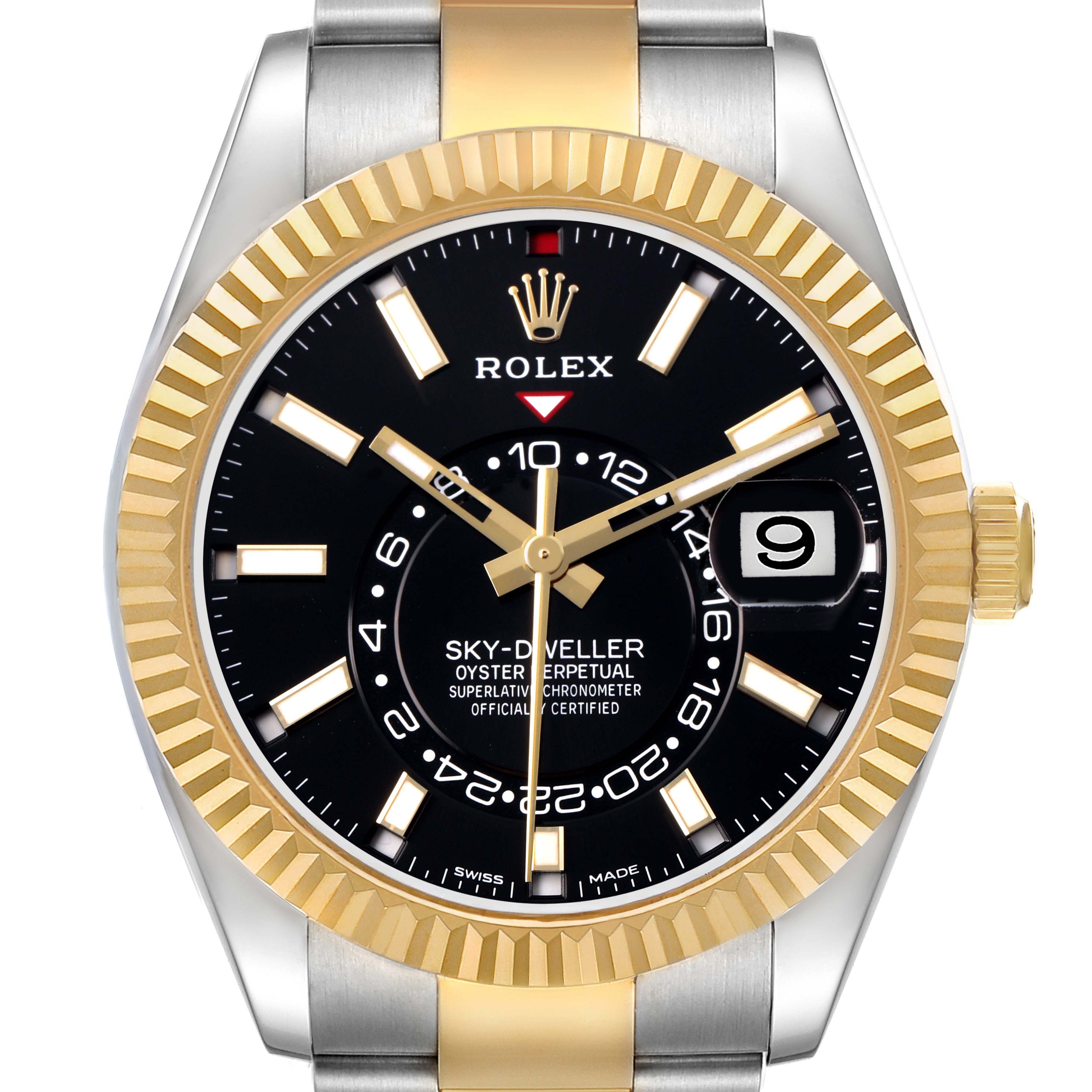 The Rolex Sky-Dweller 326933 Men's Steel and Gold (two tone) Black Dial watch is shown from the front, highlighting the bezel, dial, hands, and date display.