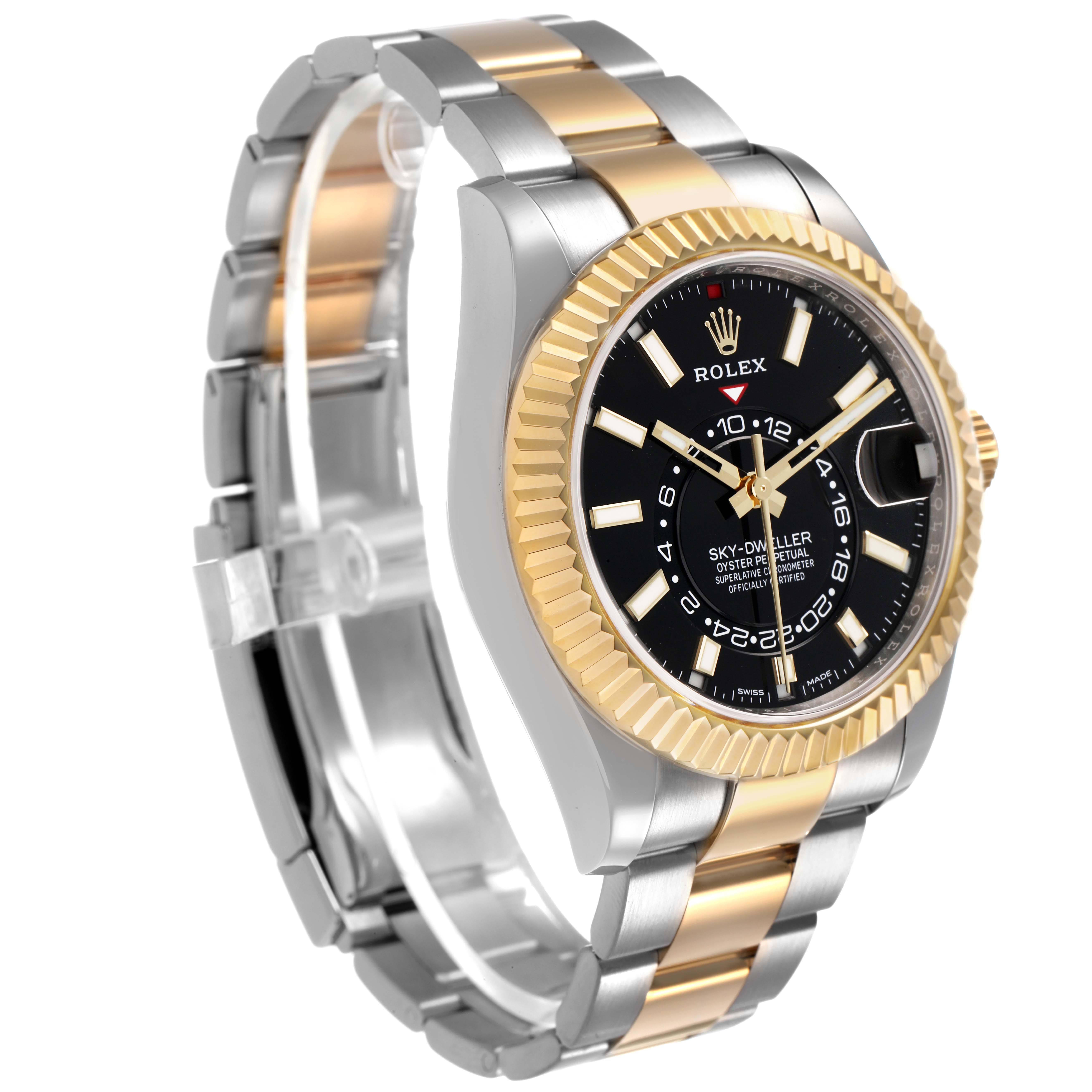 The Rolex Sky-Dweller 326933 Men's Steel and Gold (two tone) Black Dial watch is shown at a slight angle, highlighting the face, bezel, and two-tone bracelet.