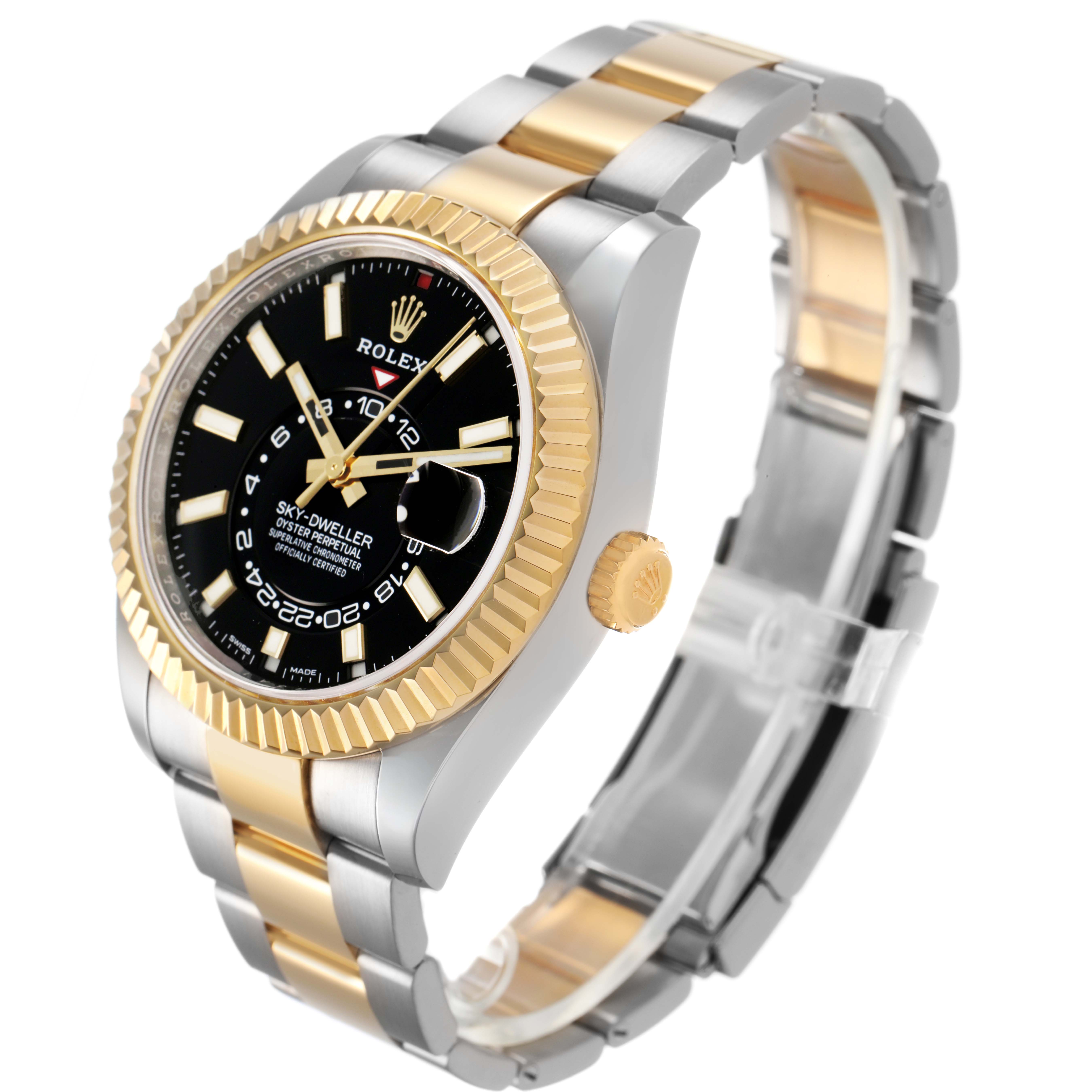 The Rolex Sky-Dweller 326933 Men's Steel and Gold (two tone) Black Dial is shown at a three-quarter angle, highlighting the bezel, dial, bracelet, and crown.