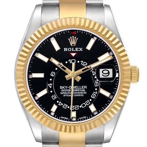 The Rolex Sky-Dweller 326933 Men's Steel and Gold (two tone) Black Dial watch is shown from the front, displaying its black dial, gold and silver bracelet, and date window.