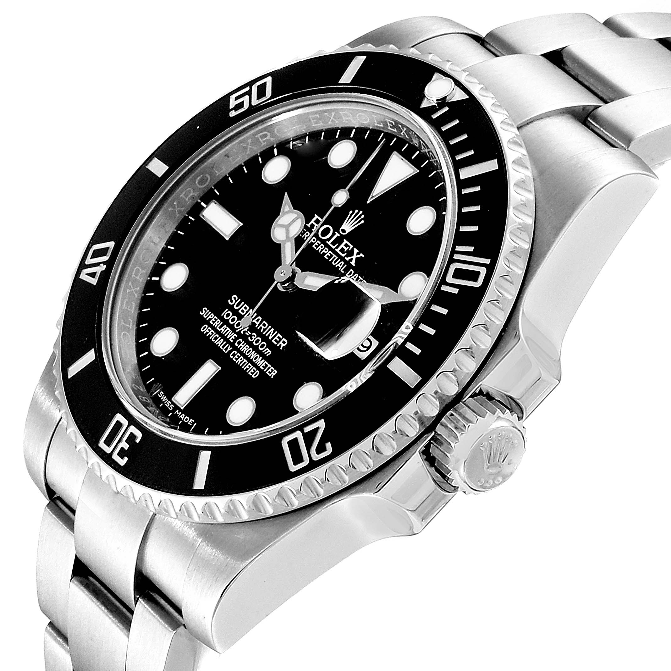 The image shows the Rolex Submariner 116610 Men
s Stainless Steel Black Dial 116610 Men
s Stainless Steel Black Dial watch at an angled side view, highlighting its bezel, dial, and part of the bracelet.