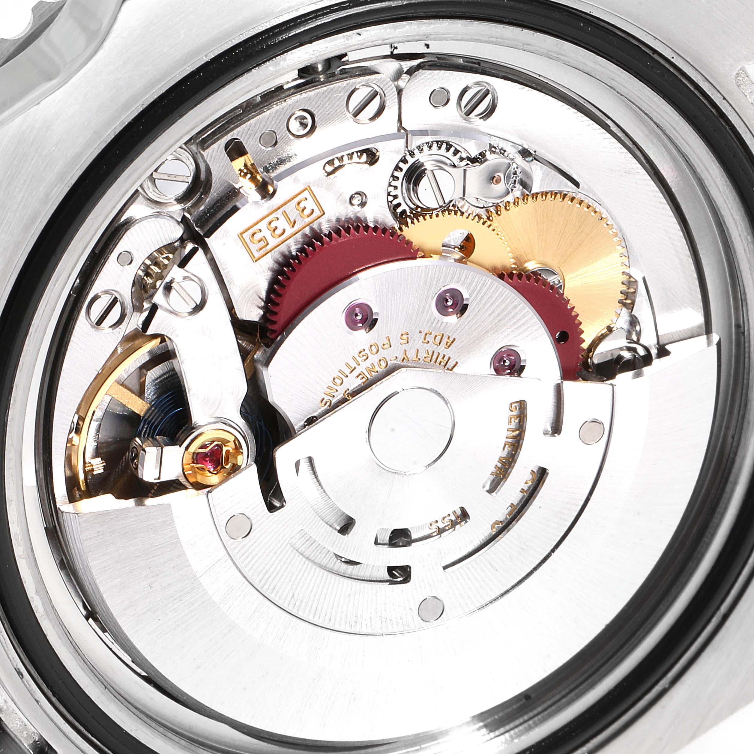 Close-up of the internal movement mechanism of a Rolex Submariner 116610 Men
s Stainless Steel Black Dial 116610 Men
s Stainless Steel Black Dial watch, highlighting gears and various components.