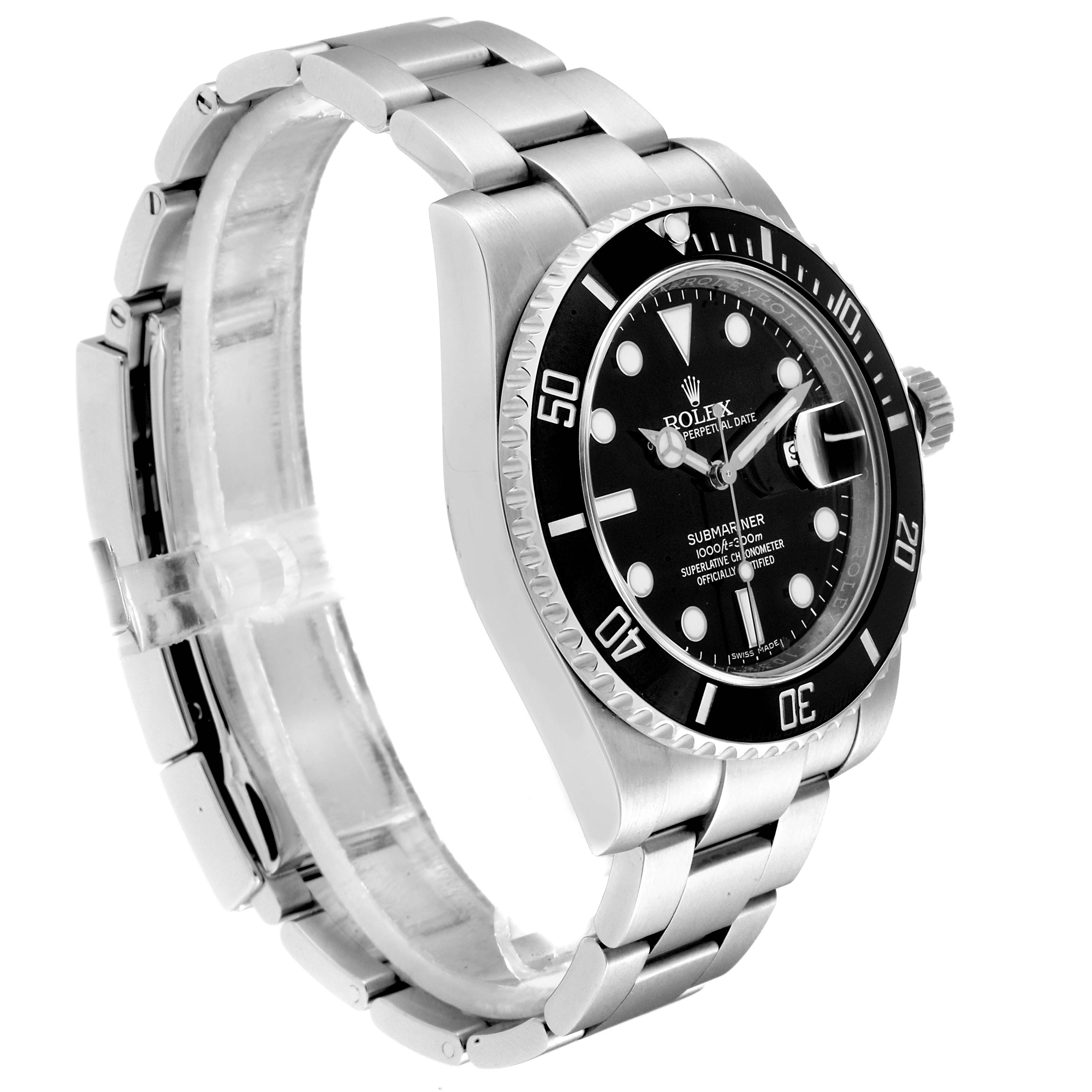 The Rolex Submariner 116610 Men
s Stainless Steel Black Dial 116610 Men
s Stainless Steel Black Dial watch is shown at an angled side view, highlighting its dial, bezel, bracelet, and crown.