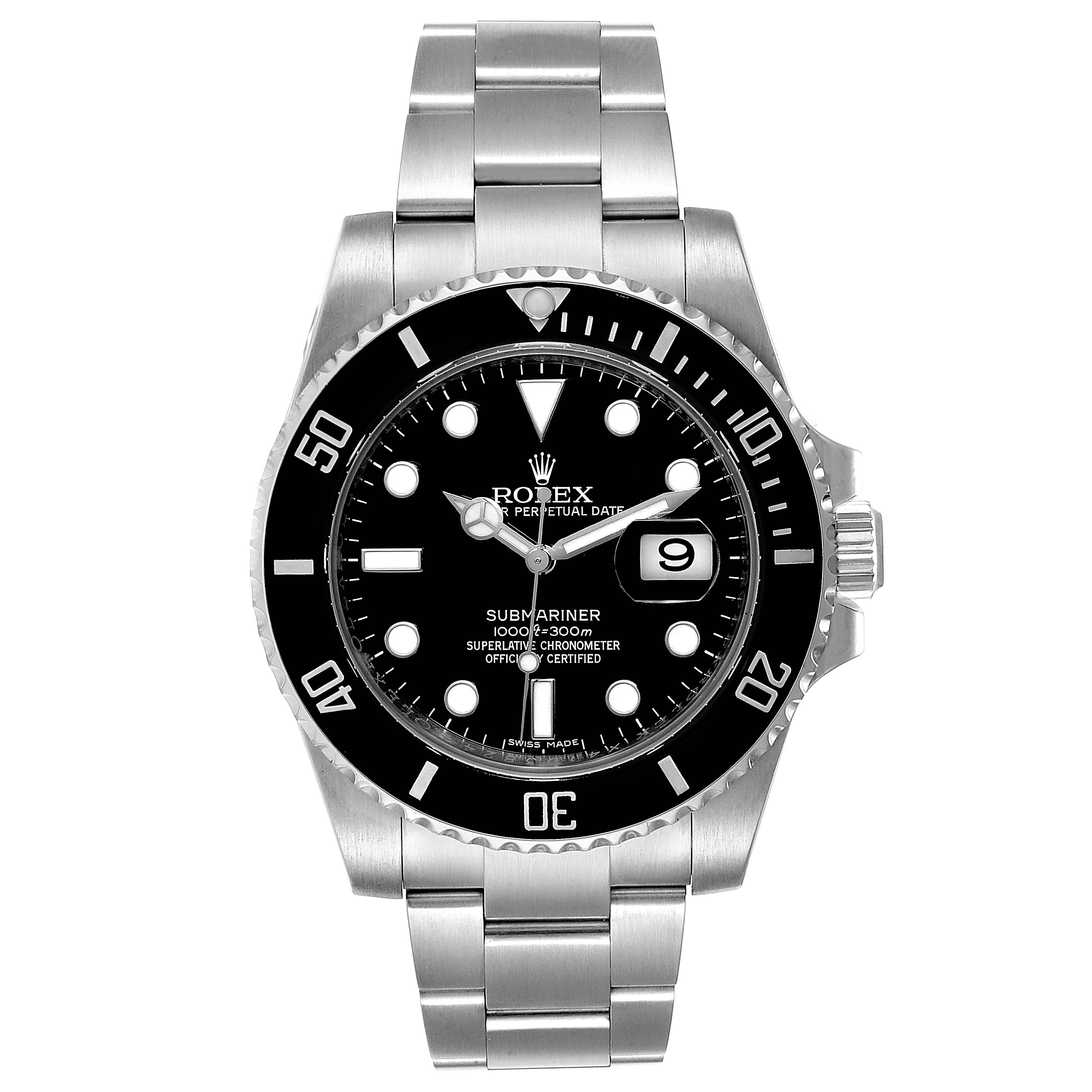 This is a frontal view of a Rolex Submariner 116610 Men
s Stainless Steel Black Dial 116610 Men
s Stainless Steel Black Dial watch, showing the bezel, dial, hands, bracelet, and crown.