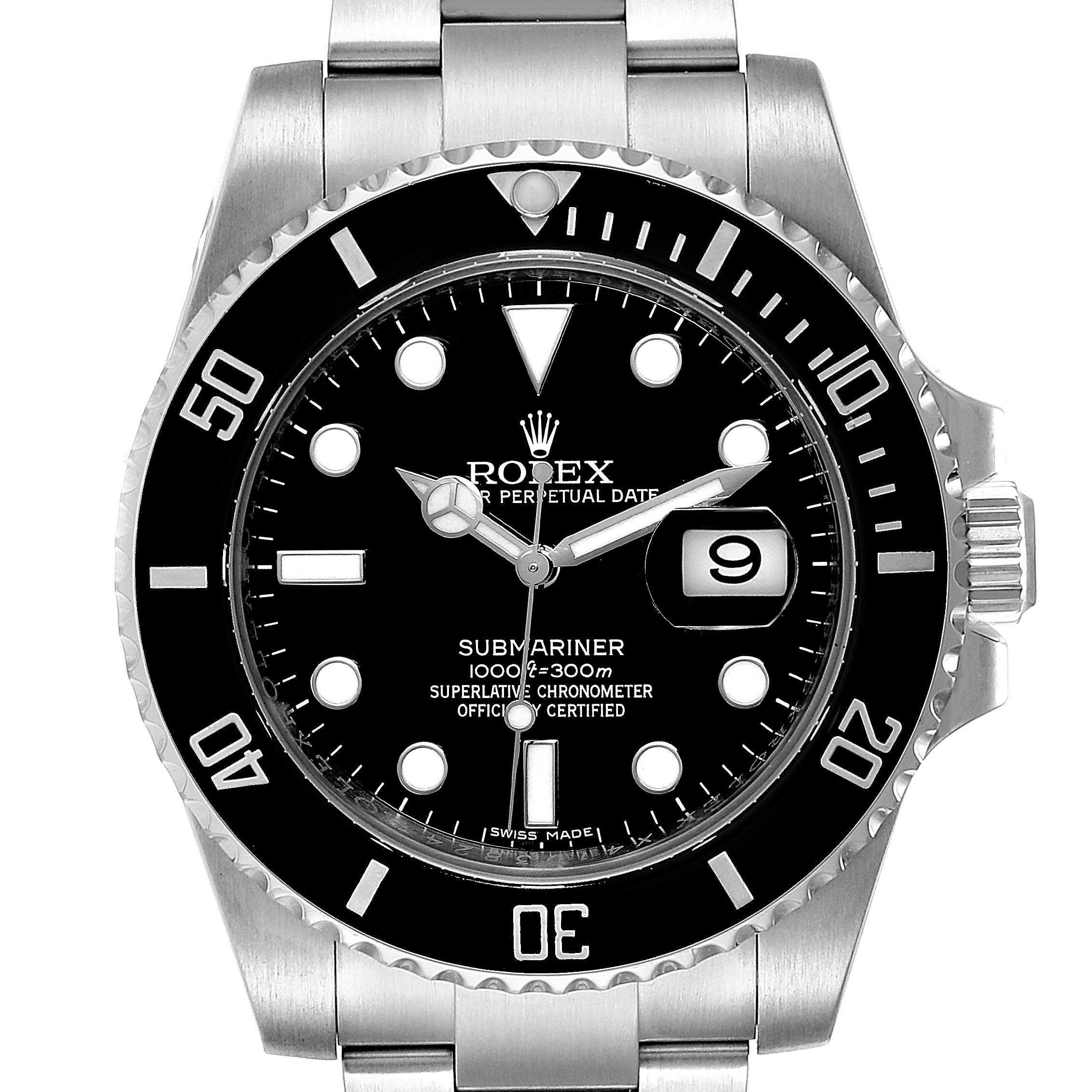 The image shows a front view of a Rolex Submariner 116610 Men
s Stainless Steel Black Dial 116610 Men
s Stainless Steel Black Dial watch, highlighting its dial, bezel, hands, and bracelet.