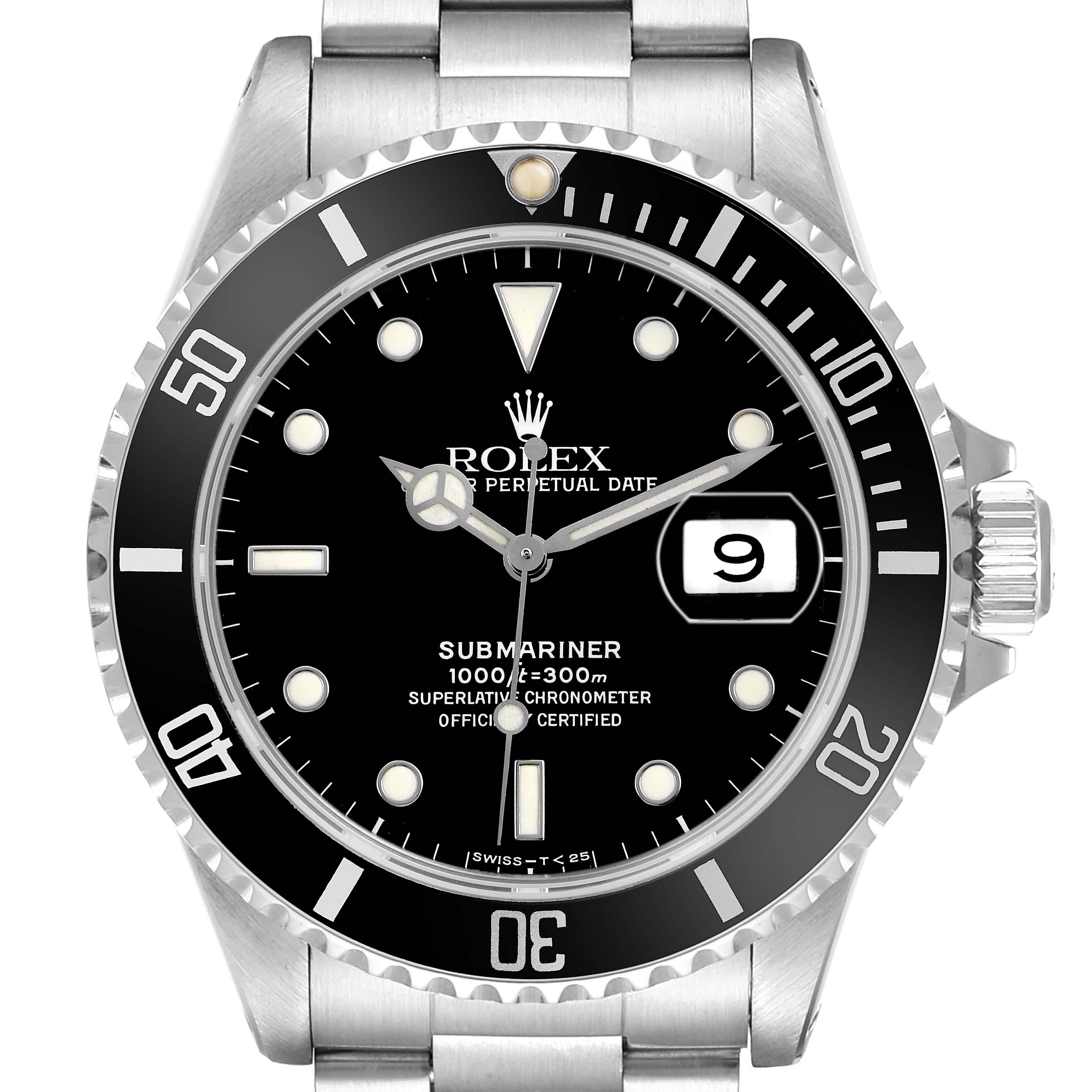 The image shows a front view of the Rolex Submariner 16610 Men's Stainless Steel Black Dial watch, highlighting the dial, bezel, and bracelet.
