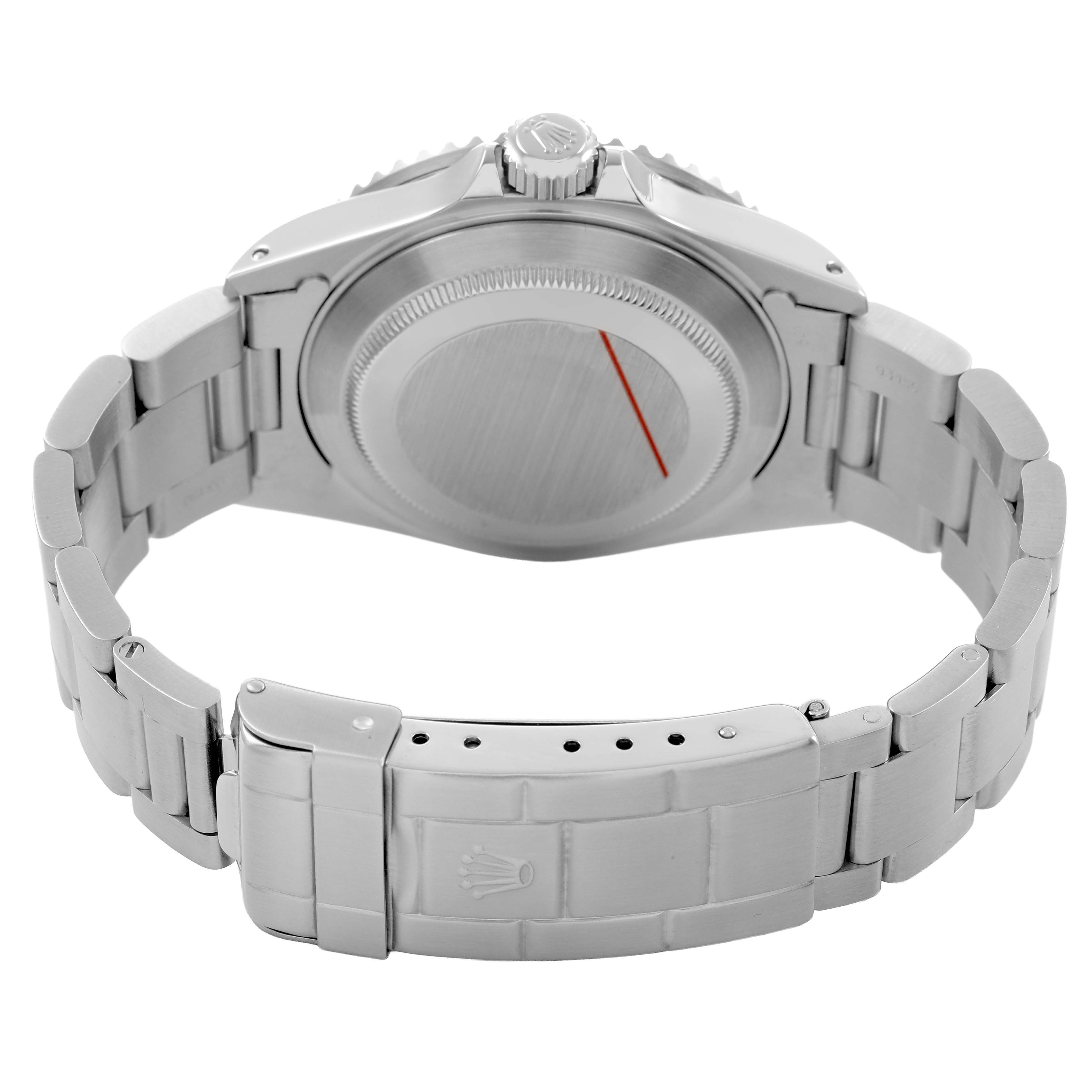 The image shows the back view of a Rolex Submariner 16610 Men's Stainless Steel Black Dial, highlighting the caseback, crown, and bracelet with clasp.
