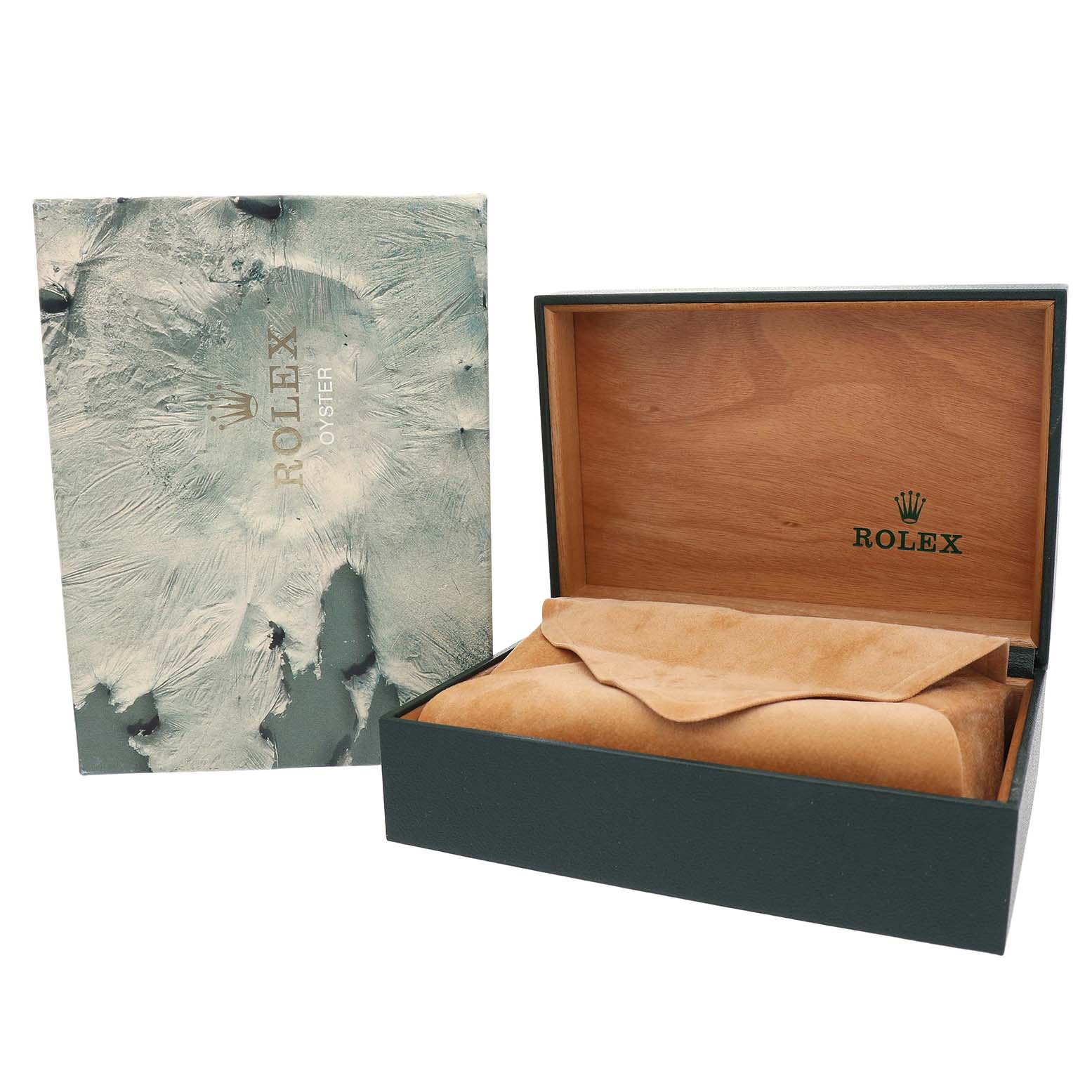 The image shows an open Rolex Submariner 16610 Men's Stainless Steel Black Dial watch box with a wooden interior and a textured exterior, plus a protective cover.