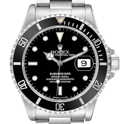 The Rolex Submariner 16610 Men's Stainless Steel Black Dial watch is shown from the front, displaying the dial, bezel, markers, hands, and the date window.