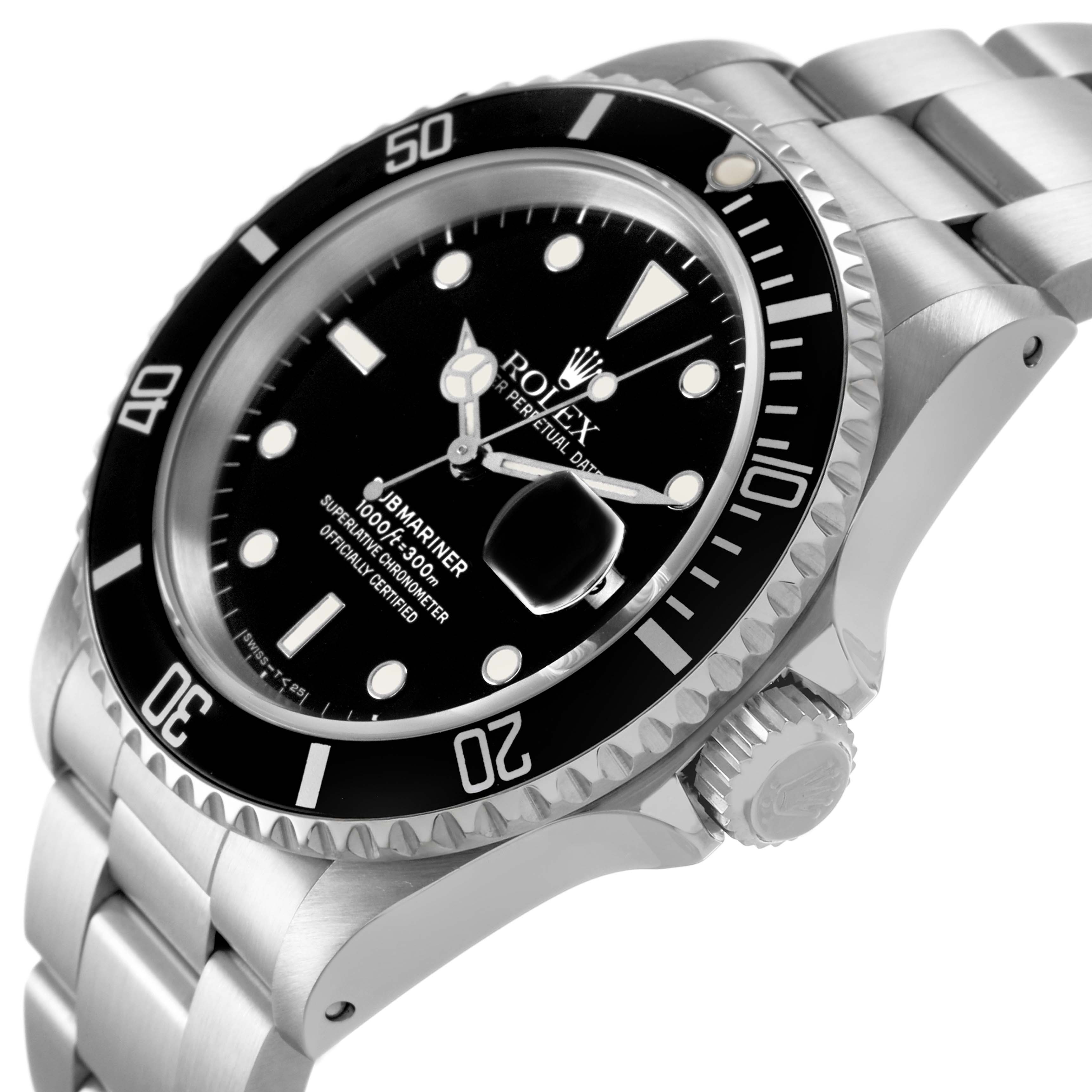 The image shows a Rolex Submariner 16610 Men's Stainless Steel Black Dial at a side angle, highlighting the bezel, dial, crown, and bracelet.