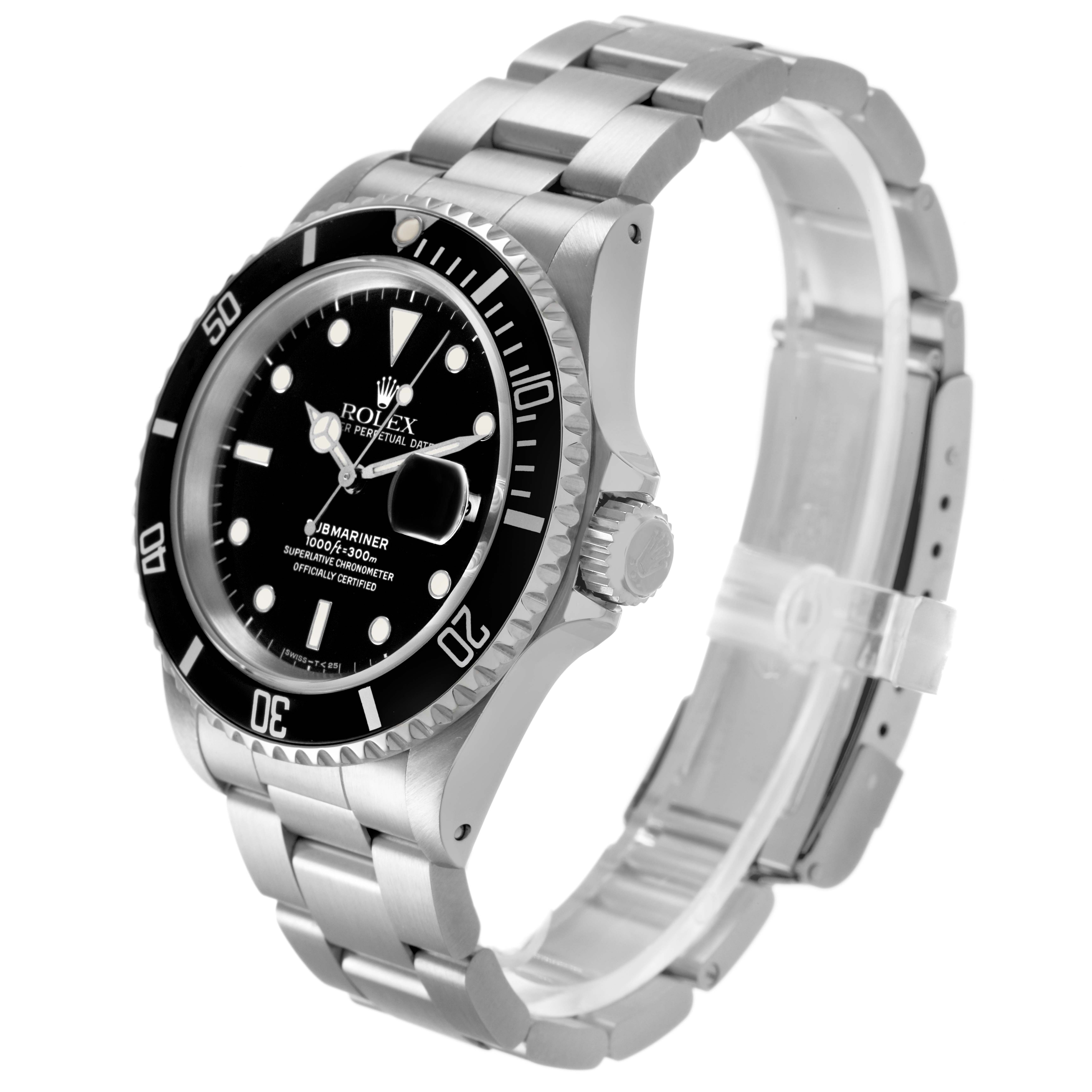 The Rolex Submariner 16610 Men's Stainless Steel Black Dial watch is shown at a three-quarter angle, highlighting the face, bezel, crown, and bracelet.