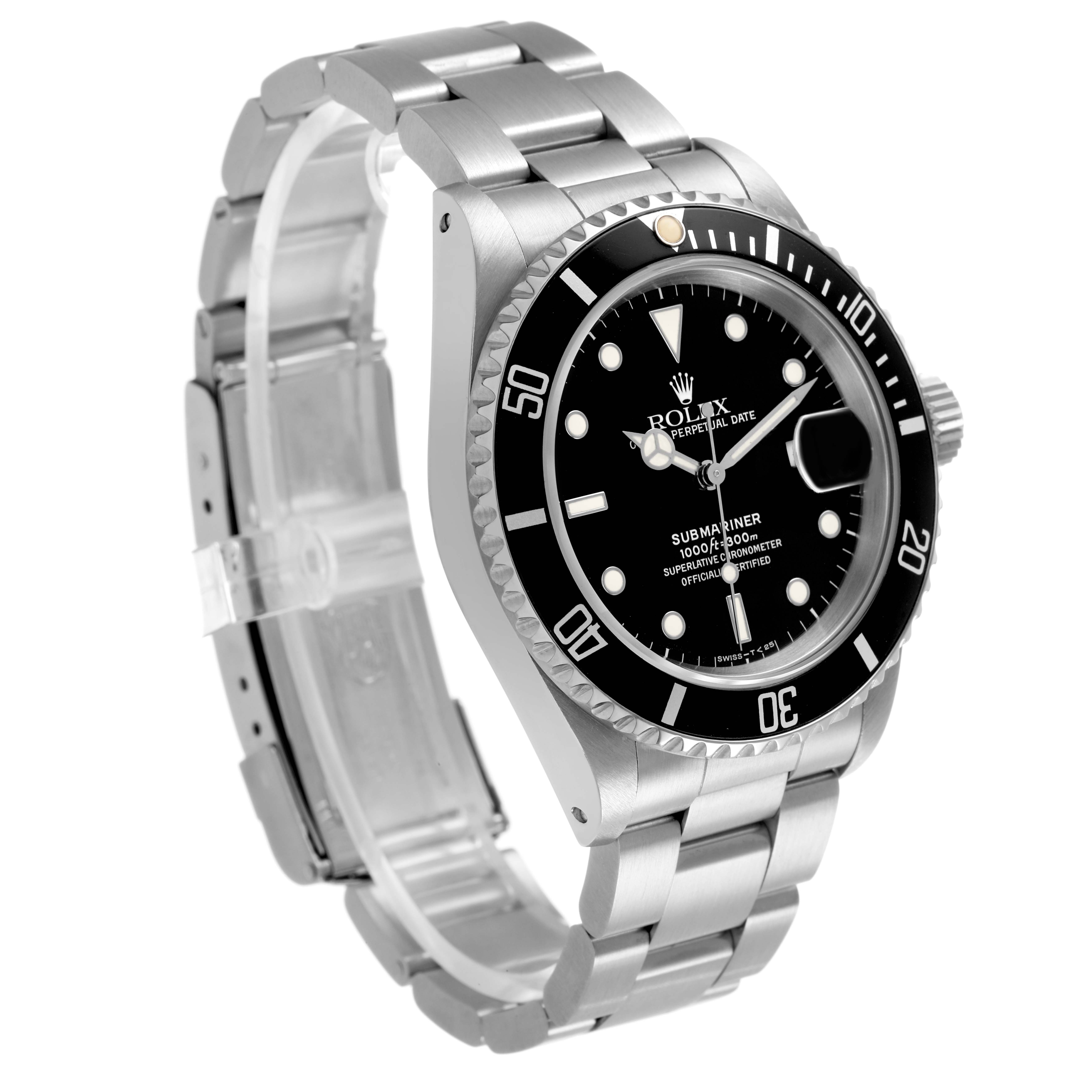 The Rolex Submariner 16610 Men's Stainless Steel Black Dial watch is shown at an oblique angle, displaying the face, bezel, crown, and part of the metal bracelet.