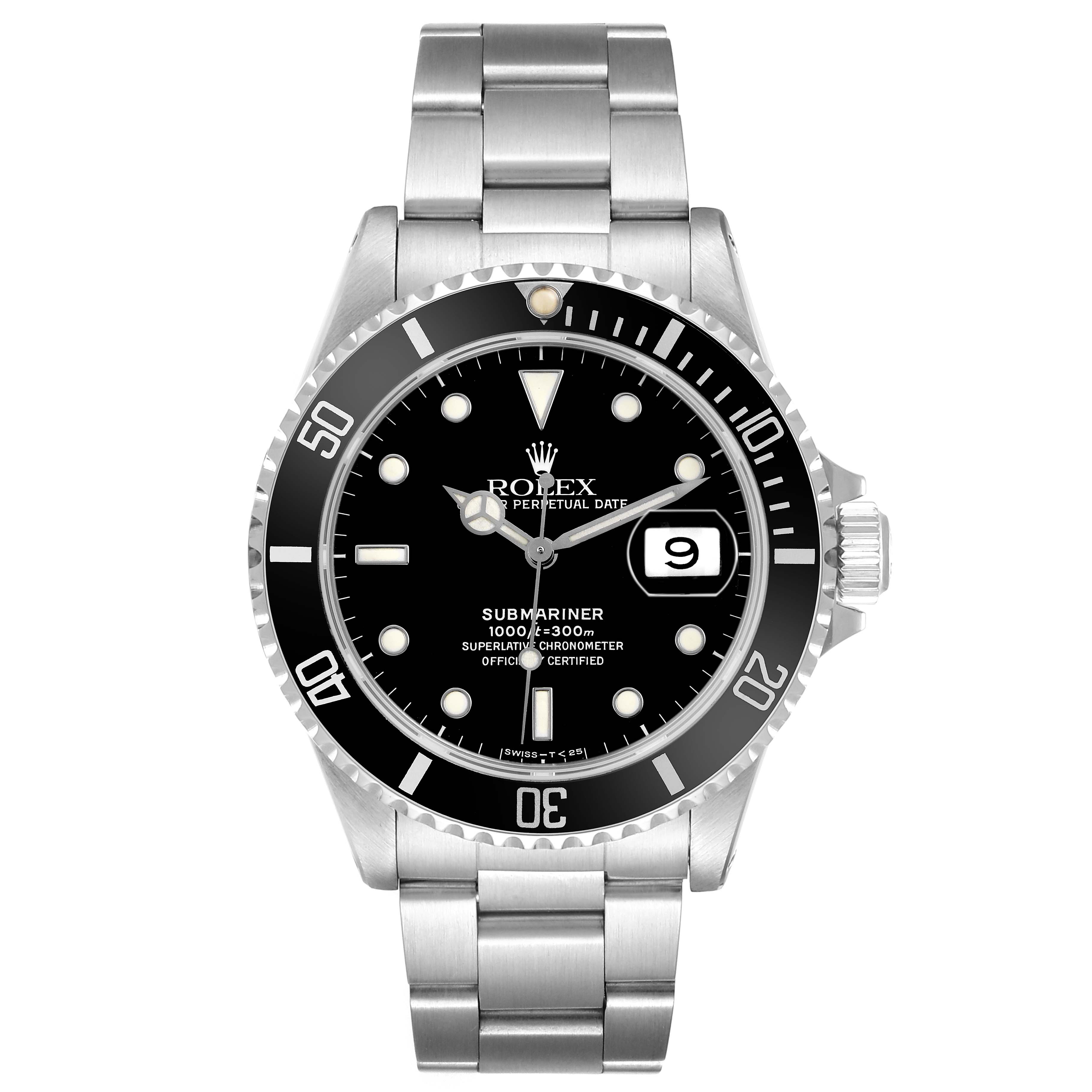 The Rolex Submariner 16610 Men's Stainless Steel Black Dial watch is shown from a front angle, displaying the dial, bezel, bracelet, and crown.