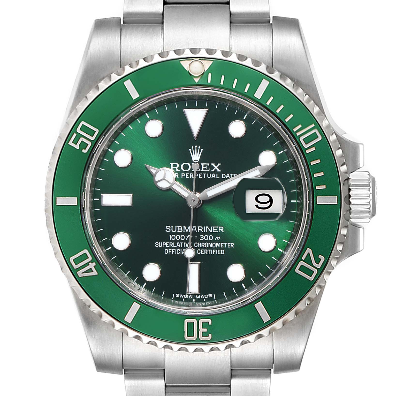 The image shows a frontal view of a Rolex Submariner 116610LV Men's Stainless Steel Green Dial 116610LV Men's Stainless Steel Green Dial watch with a green bezel and dial, displaying the date.