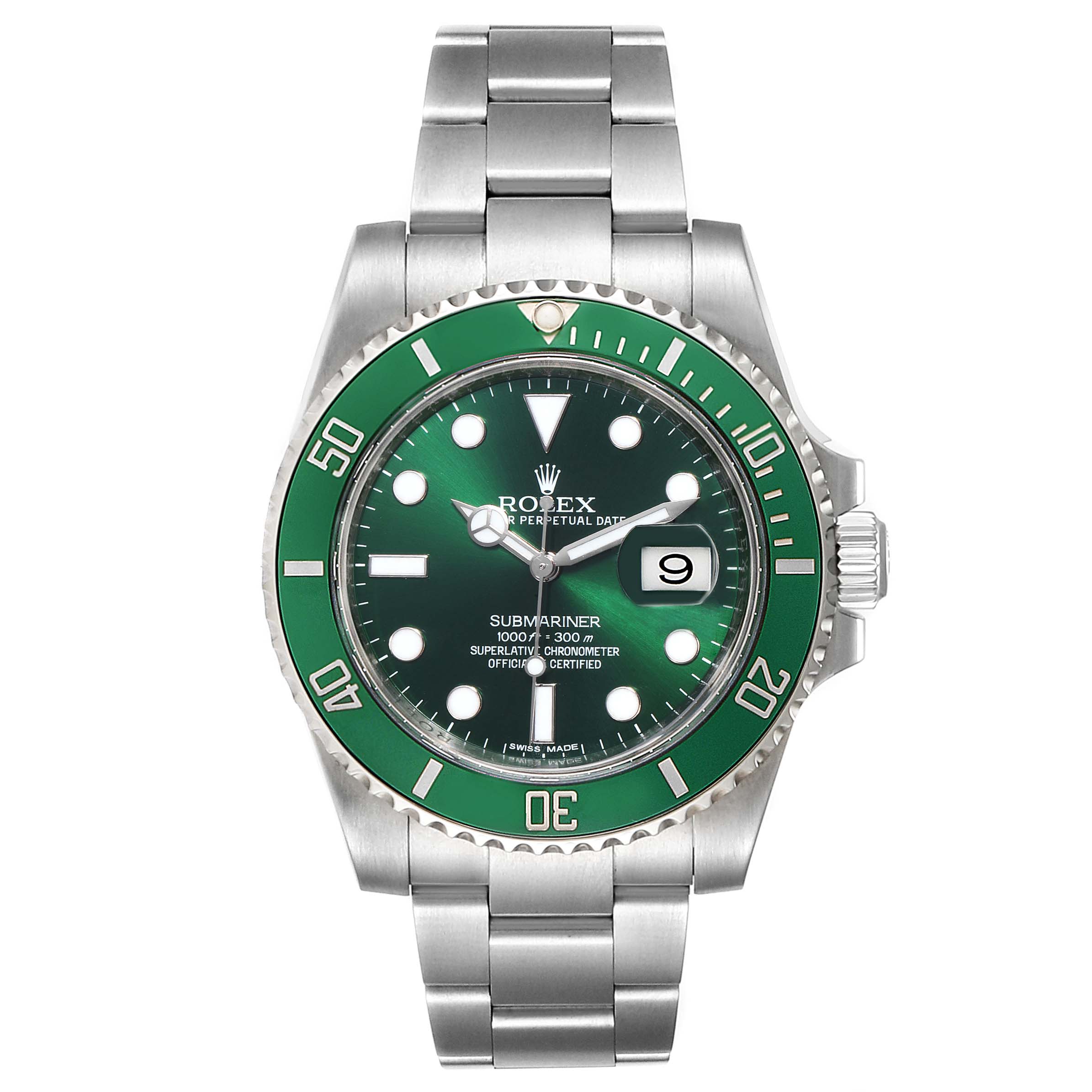 The image shows a front view of the Rolex Submariner 116610LV Men's Stainless Steel Green Dial 116610LV Men's Stainless Steel Green Dial, displaying the green bezel, dial, and stainless steel bracelet.
